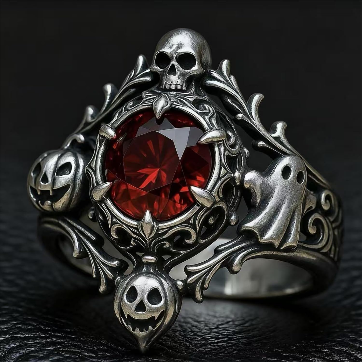 Gothic Skull Rings Vintage Red Gemstone Ring for Men Women