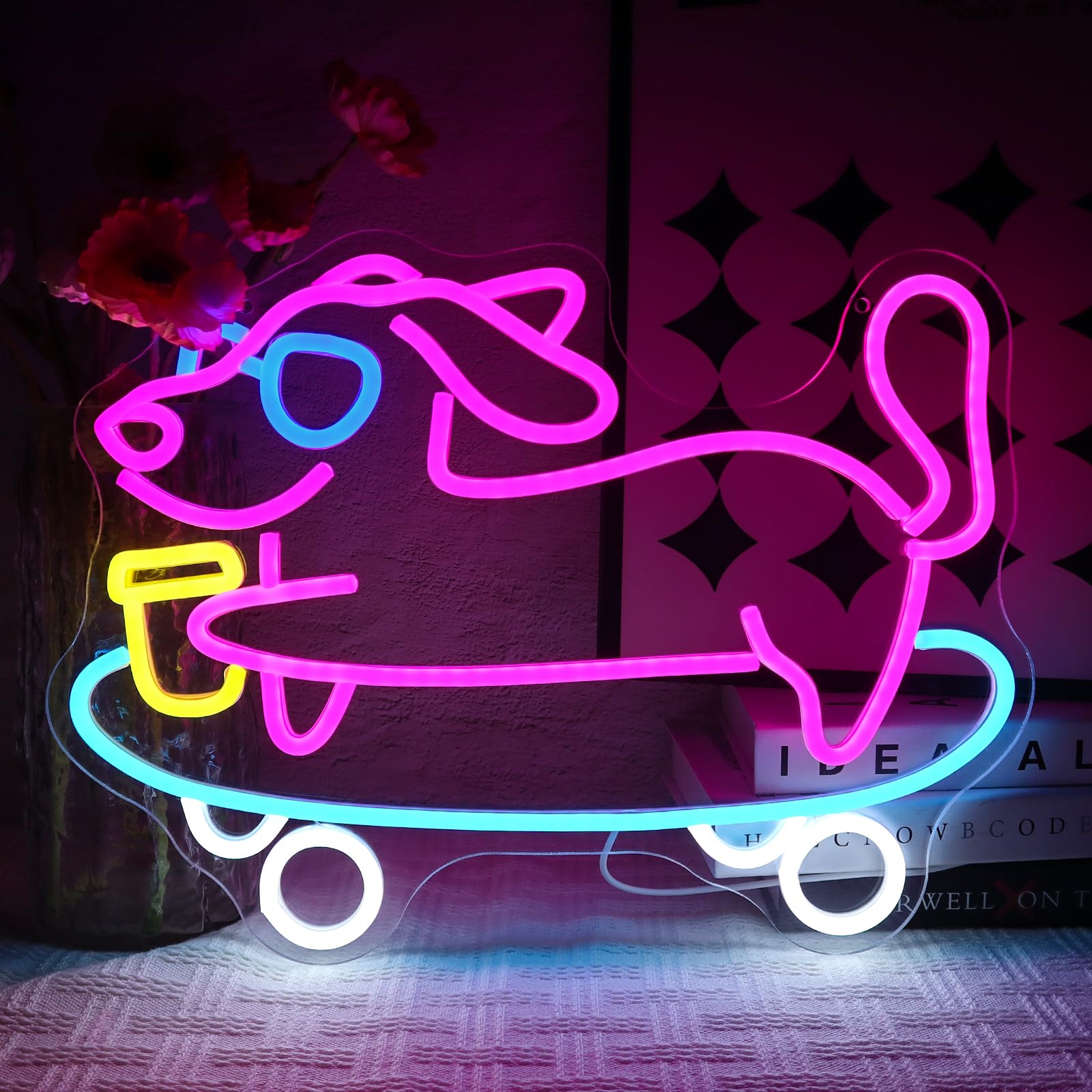 OYCGZV Skateboard Dog Neon Sign for Wall Decor, Coffee Dachshund Neon Light, Dimmable USB Cute Puppy Led Sign for Bedroom Living Room Home Pub Bar Game Zone Club Man Cave Party Pet Shop