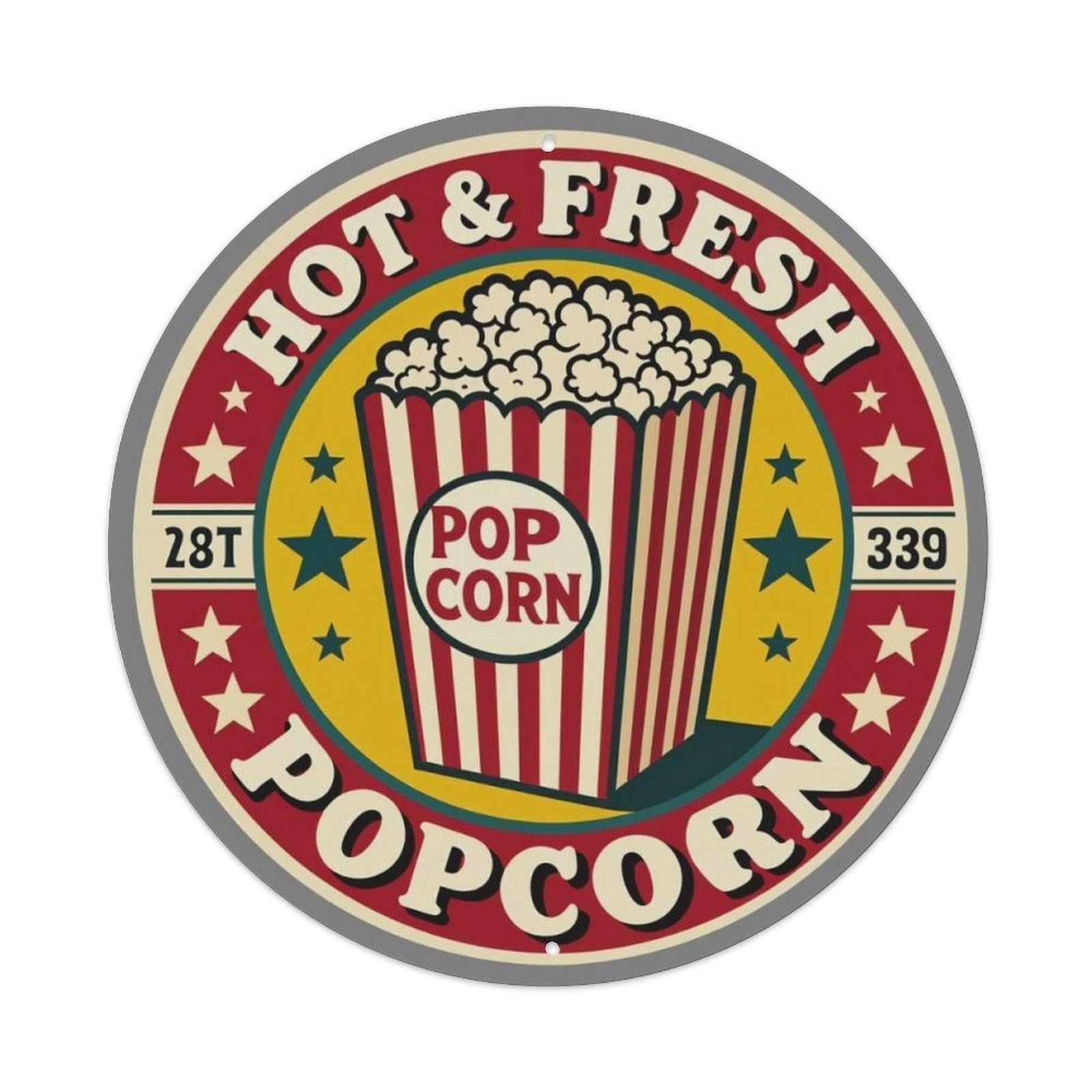 Vintage Hot Fresh Popcorn Round Sign Vintage Aluminium Metal Sign, Retro Wall Decor for Home, Bar, Garage & Farmhouse 20x20cm