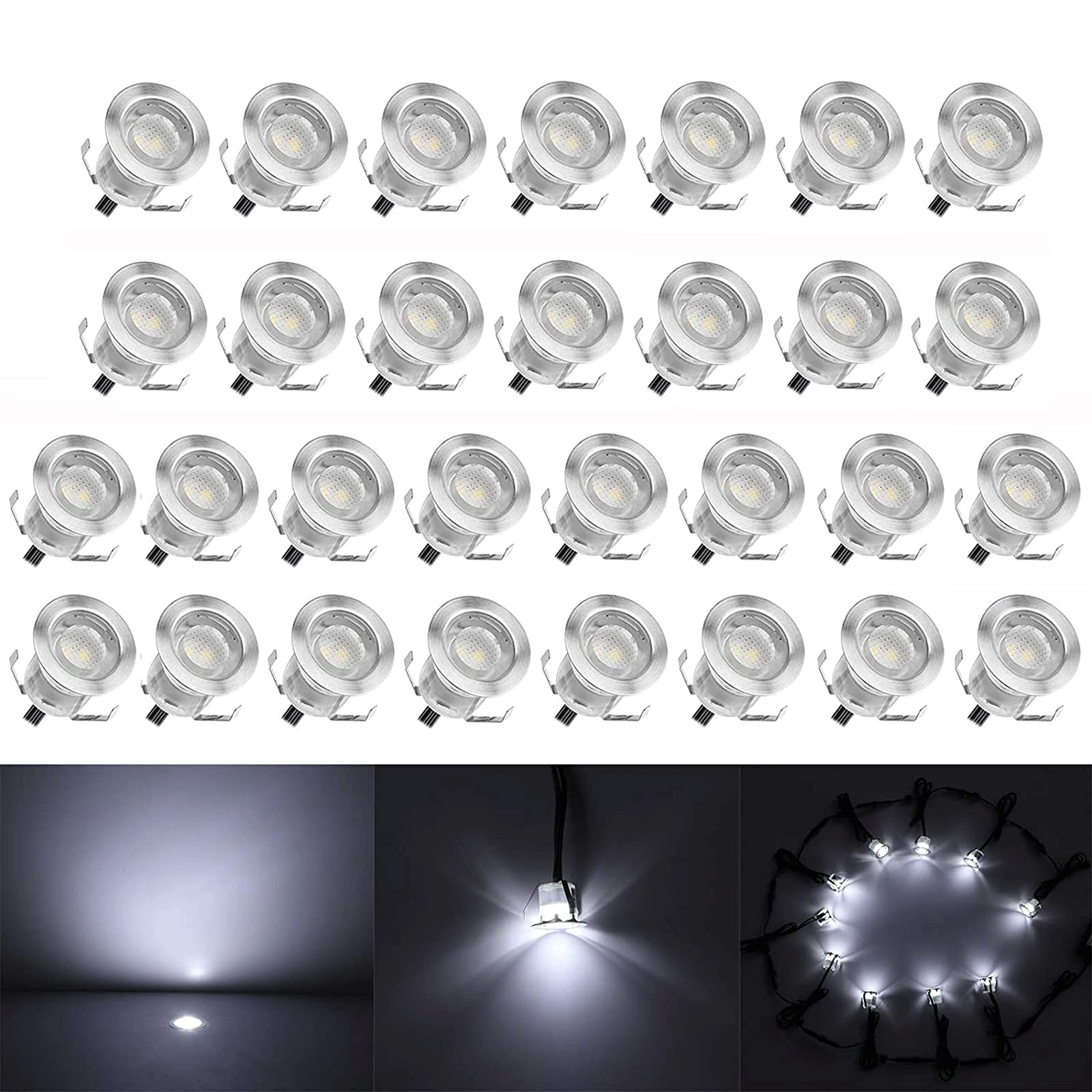 Low Voltage LED Deck Light Kit Stainless Steel Waterproof Recessed Wood Decking Stairs Garden Yard Patio Decor Lamp Outdoor LED Lighting (Cool White, 30pcs) Cool White 30pcs(Silver Border)