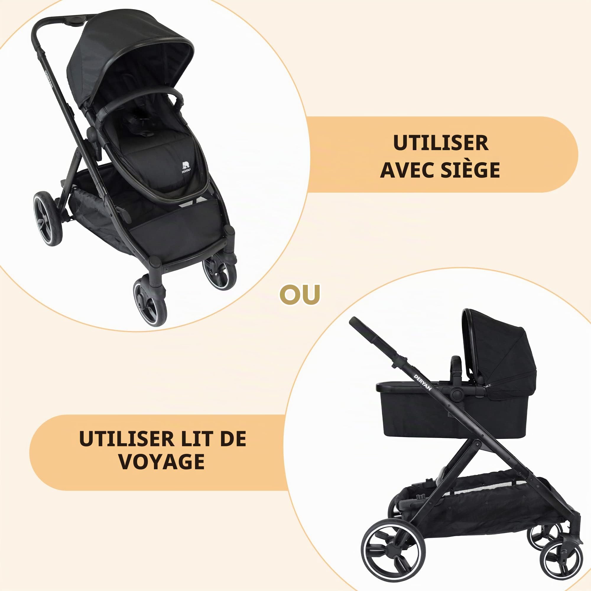 Deryan Poussette pour 2 enfants - pour nouveau-nés, tout-petits et enfants d'âge préscolaire - poussette poussette jusqu'à 50 kg - landau - poussette de voyage 2 en 1 ensemble complet - Noir