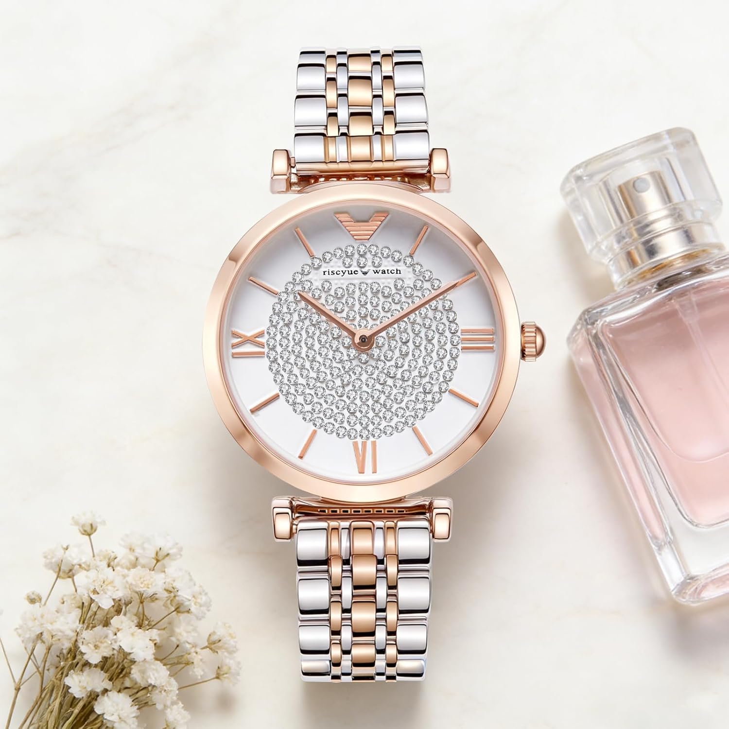 LEO RING Women's Luxury Crystal Diamond Watch - Big Face Round Dial with Roman Numerals, Two-Tone Stainless Steel Bracelet, Elegant Dress Quartz Wristwatch for Women - Image 6