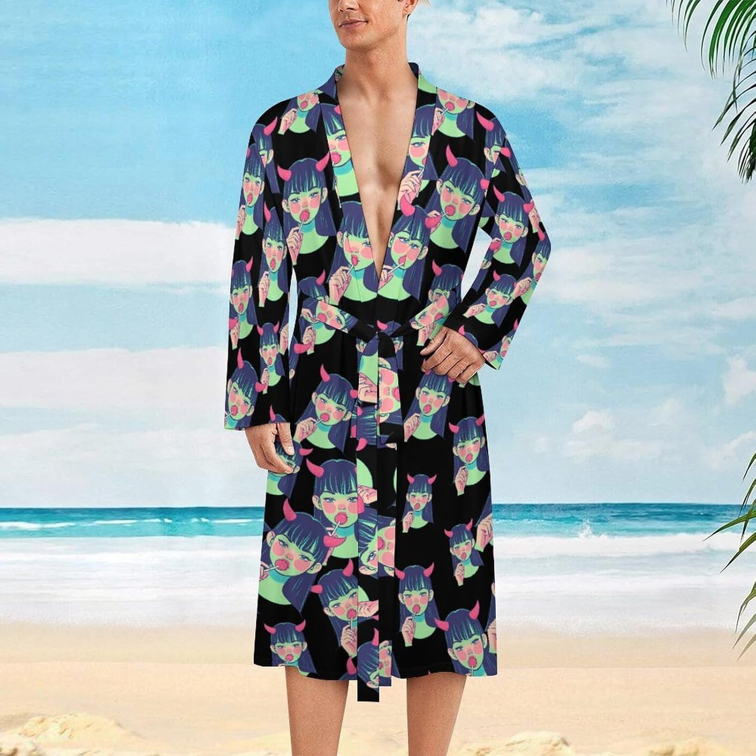 Evil Lady Mens Robe Long Bathrobe for Women Bath Robes Lightweight Soft Printed Sleepwear