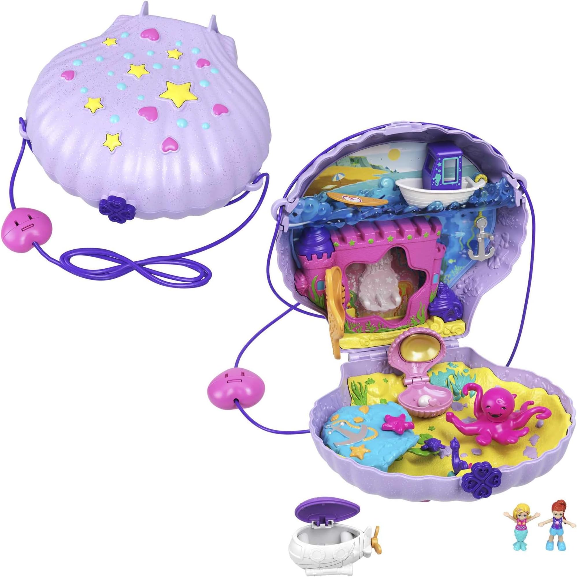 Polly Pocket Micro, Tiny Power Seashell Purse Playset, Purple Shell Purse, Mermaid Theme, 2 Dolls, Toys for Ages 4 and Up, One Playset, GNH11