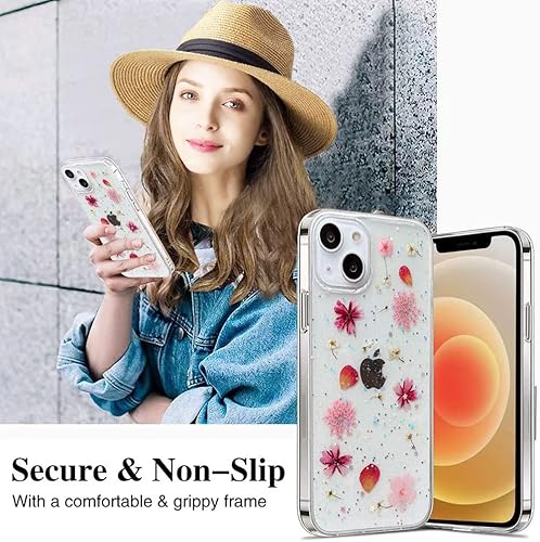 Miniatura 3 de Diseñada para iPhone 13, funda estética brillante transparente con diseño de flores naturales, TPU suave prensado floral real, a prueba de golpes,