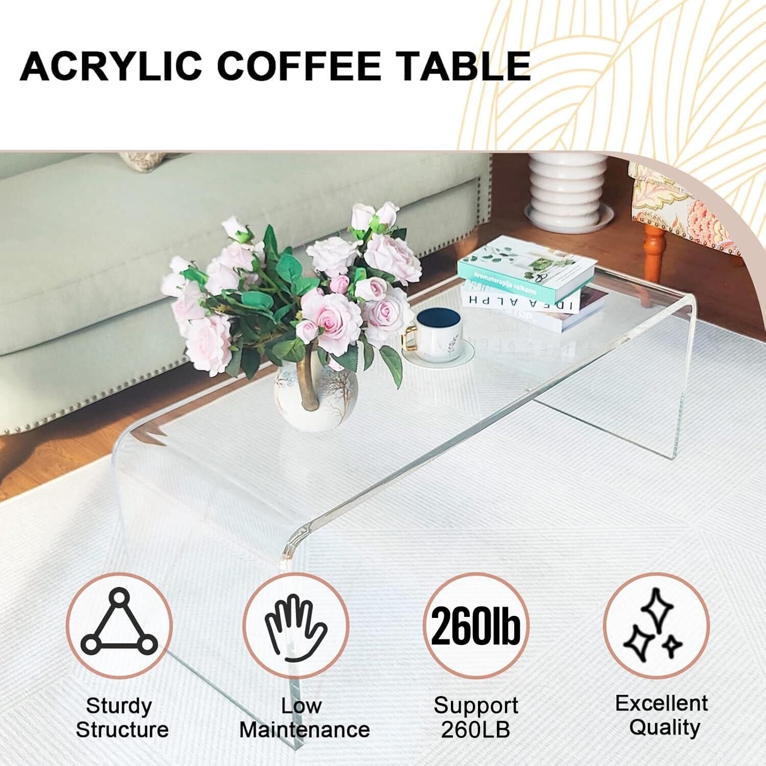 Premium Acrylic Coffee Table,44" L*16" W *16" H, 4/5"(20MM) Thick Lucite Coffee Table,Modern Waterfall Clear Center Table for Living Room, Offices and Bedroom,260 LBS Weight Capacity