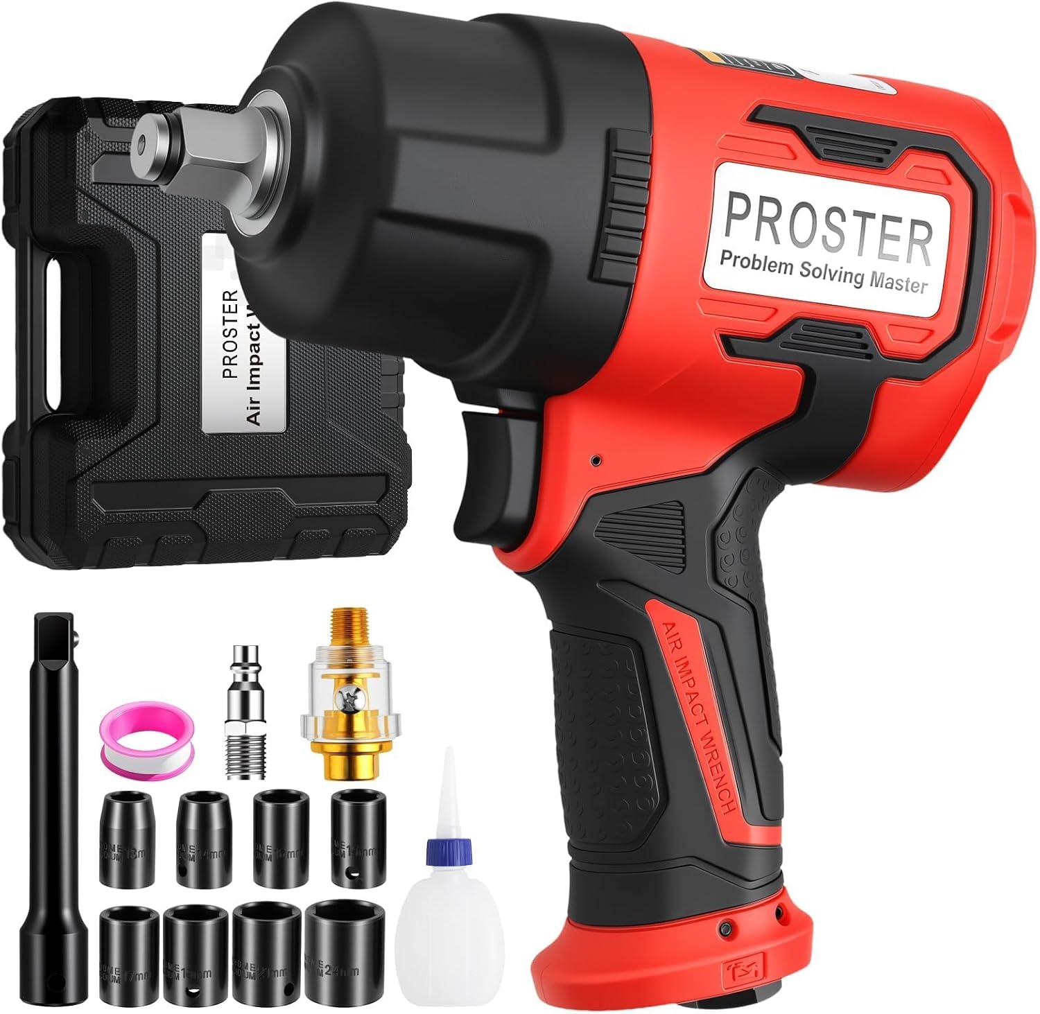 Proster 1/2" Air Impact Wrench - 1600ft-lb/2170N.m High Torque Pneumatic Socket with 8PCS Sockets (13,14,15,16,17,19,21,24mm) for Automotive, Workshop & Garage Use