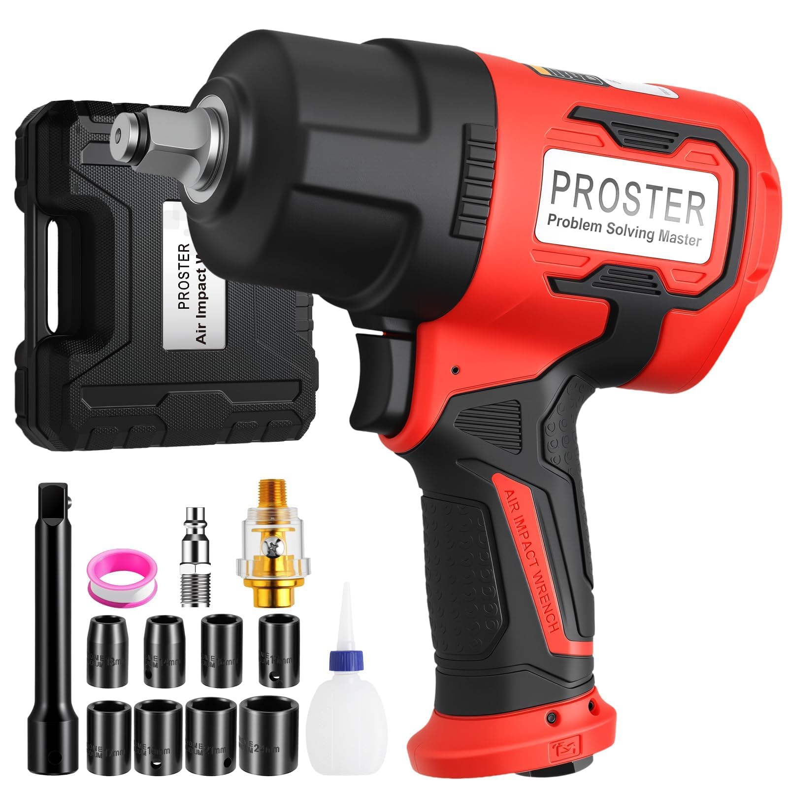 Proster Llave de Impacto Neumática Pistola de Impacto 1/2" Atornillador de Impacto Neumática 1600ft-lb/2170N.m con 8 Llaves de Vaso 13-24mm para Uso en Automoción, Talleres y Garajes