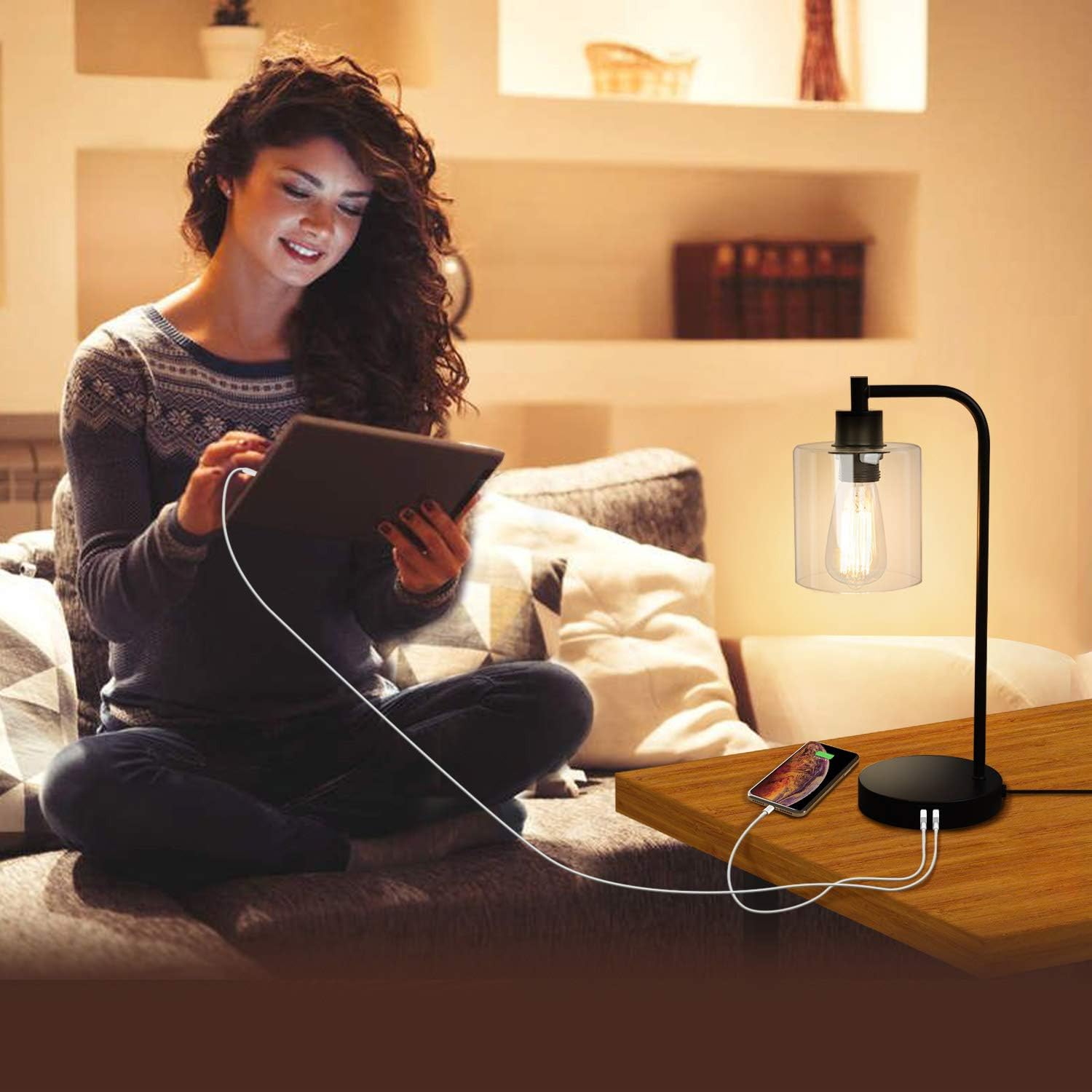 Industrial Touch Control Table Lamp, Dual USB Charging Ports, 3 Way Dimmable Vintage Bedside Nightstand Lamp, Glass Shade Desk Reading Lamp for Farmhouse Bedroom Living Room, LED Edison Bulb Included
