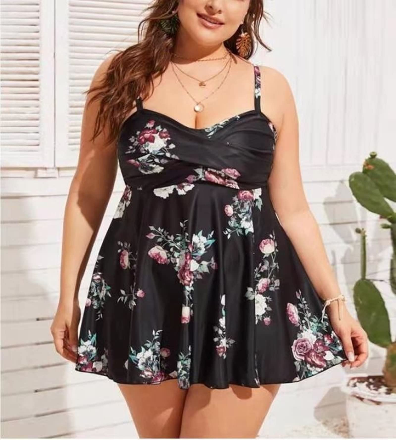 Sukienka pływacka plus size, czarna, damski 2-częściowy strój kąpielowy z kwiatami i liśćmi, na imprezę na plaży, na zewnątrz, rozmiar L-5XL, Czarny, XXL-3XL duże rozmiary