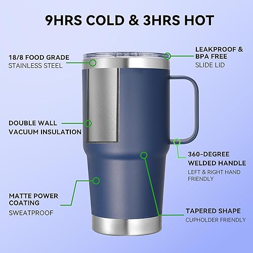 Vista 9 de Vaso de acero inoxidable de 20 onzas con asa a granel con aislamiento de metal a granel, taza de café de viaje con asa, vaso de doble pared con tapa
