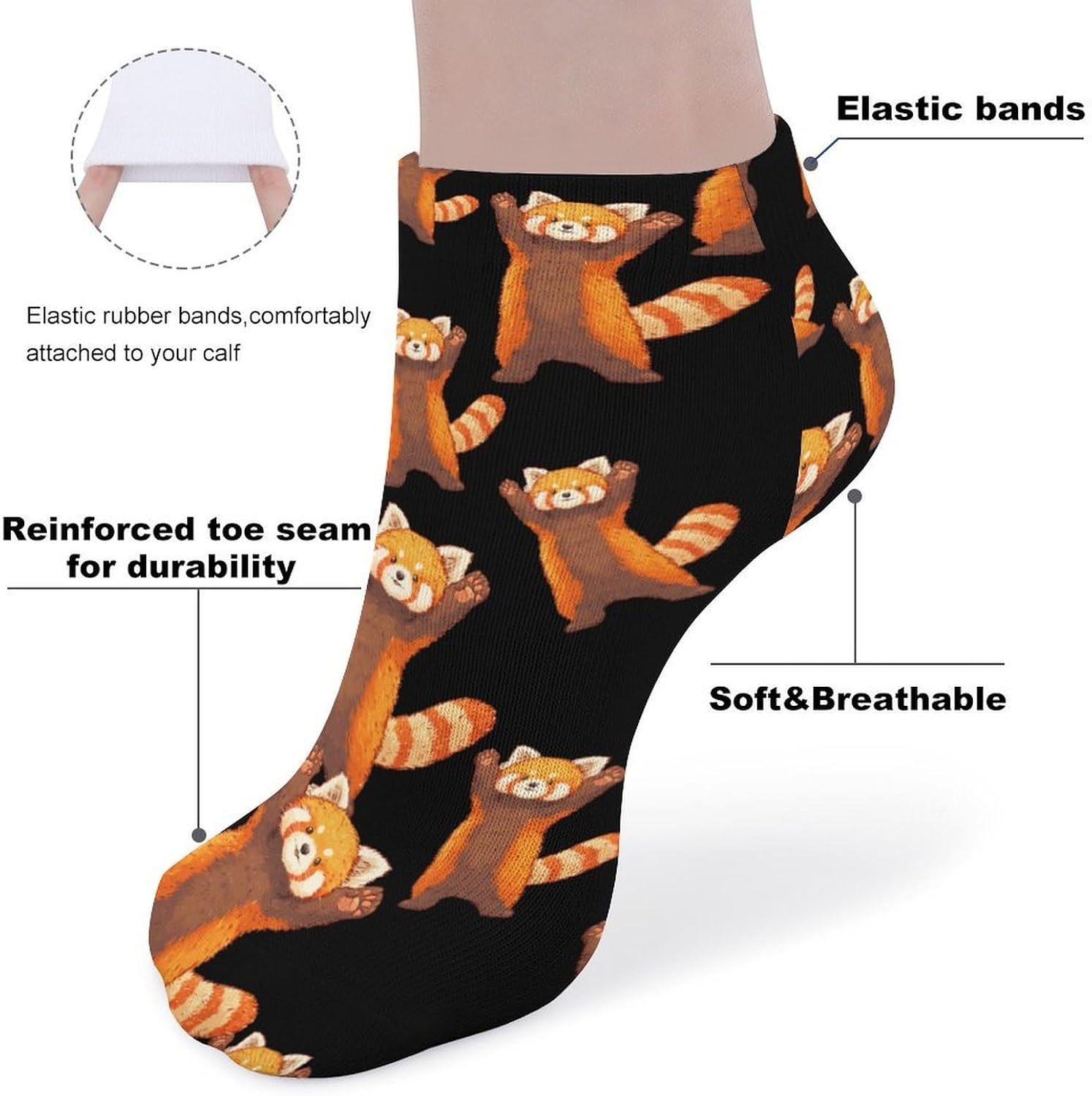 Cute Red Panda Cartoon No Show Ankle Socks Low Cut Non Slip Flat Boat Line 5 Pairs Set
