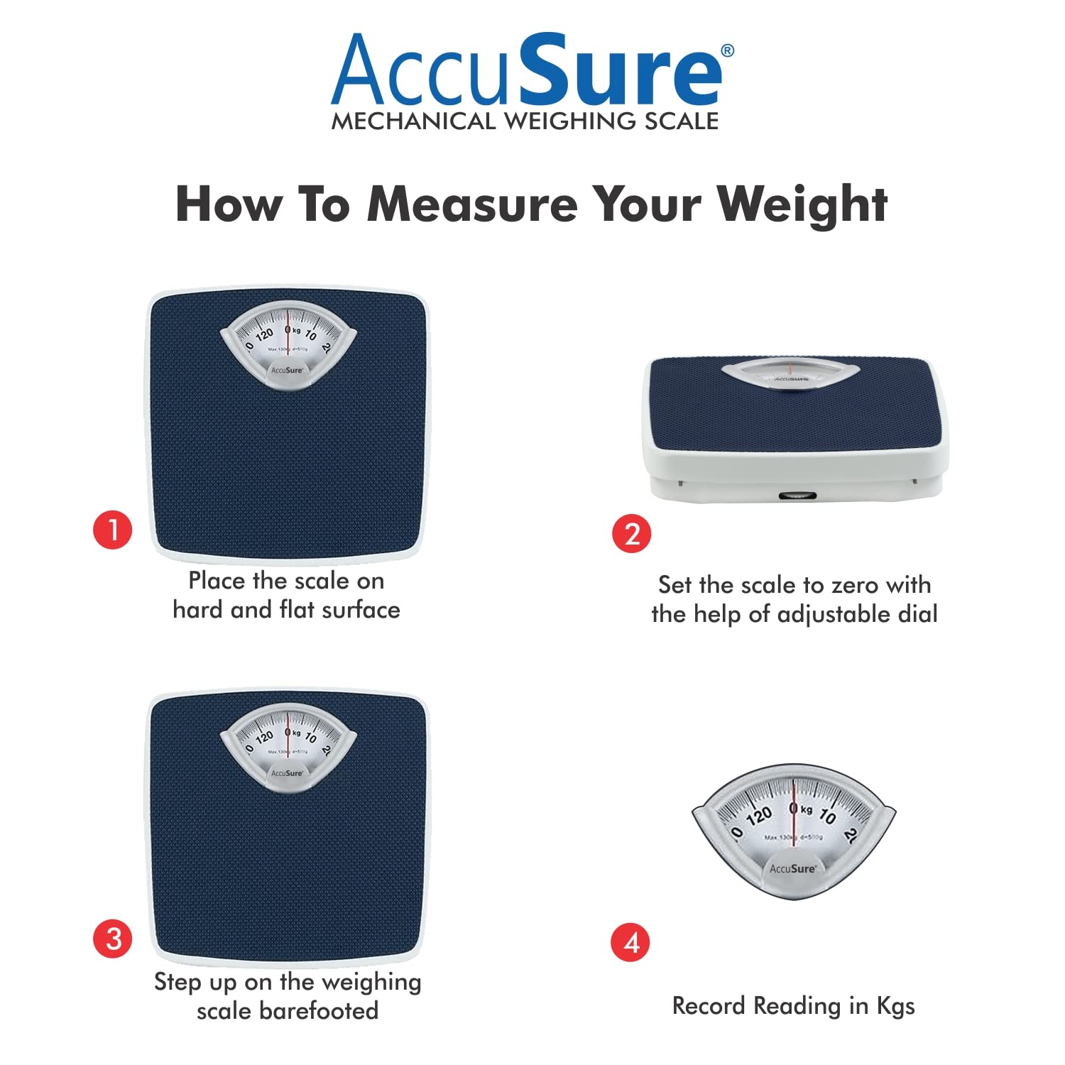 AccuSure Mechanical Weight Machine|Elevating Accuracy for Body Weight Measurement up to 130kg with 100g Precision, Analog Bathroom Scale for Health Management - Durable, Easy-to-Read. 2