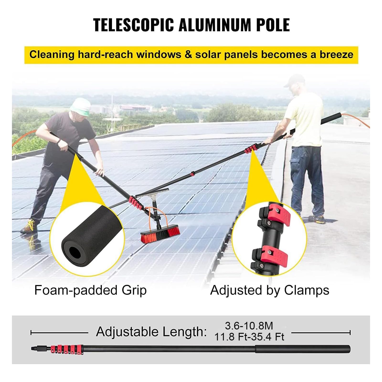 Barra telescópica de limpieza de ventanas de 3,6 m a 10,8 m, kit de cabezal de cepillo de 50 cm, herramienta de limpieza de paneles solares de alto alcance, ideal para mantenimiento de techos y