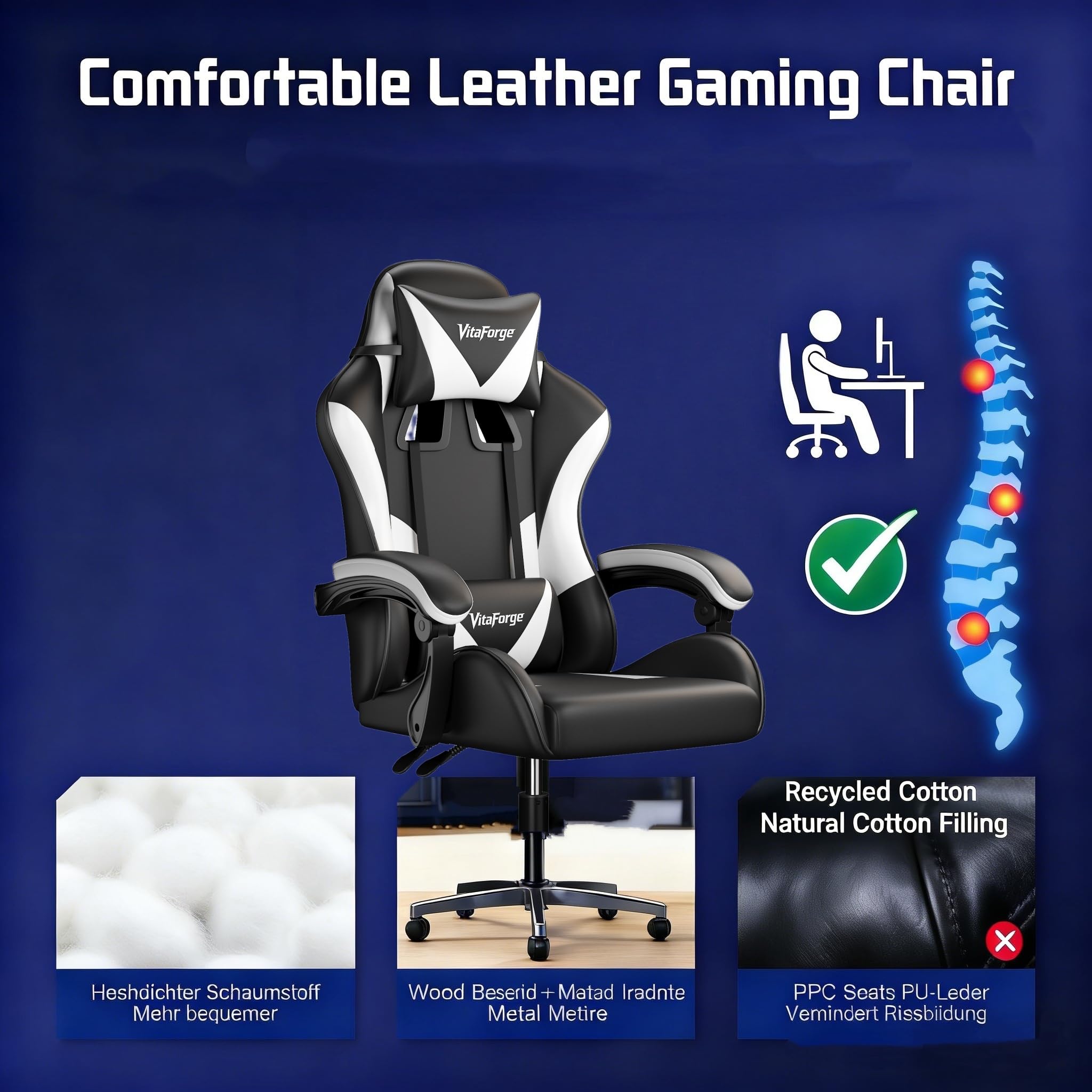 Fauteuil Gaming Fauteuil Bureau, Chaise de Jeu Ergonomique avec Réglable en Hauteur, Support Lombaire et Appui-tête - Cuir PU, pour Le Bureau ou Le Jeu (Noir et Blanc)