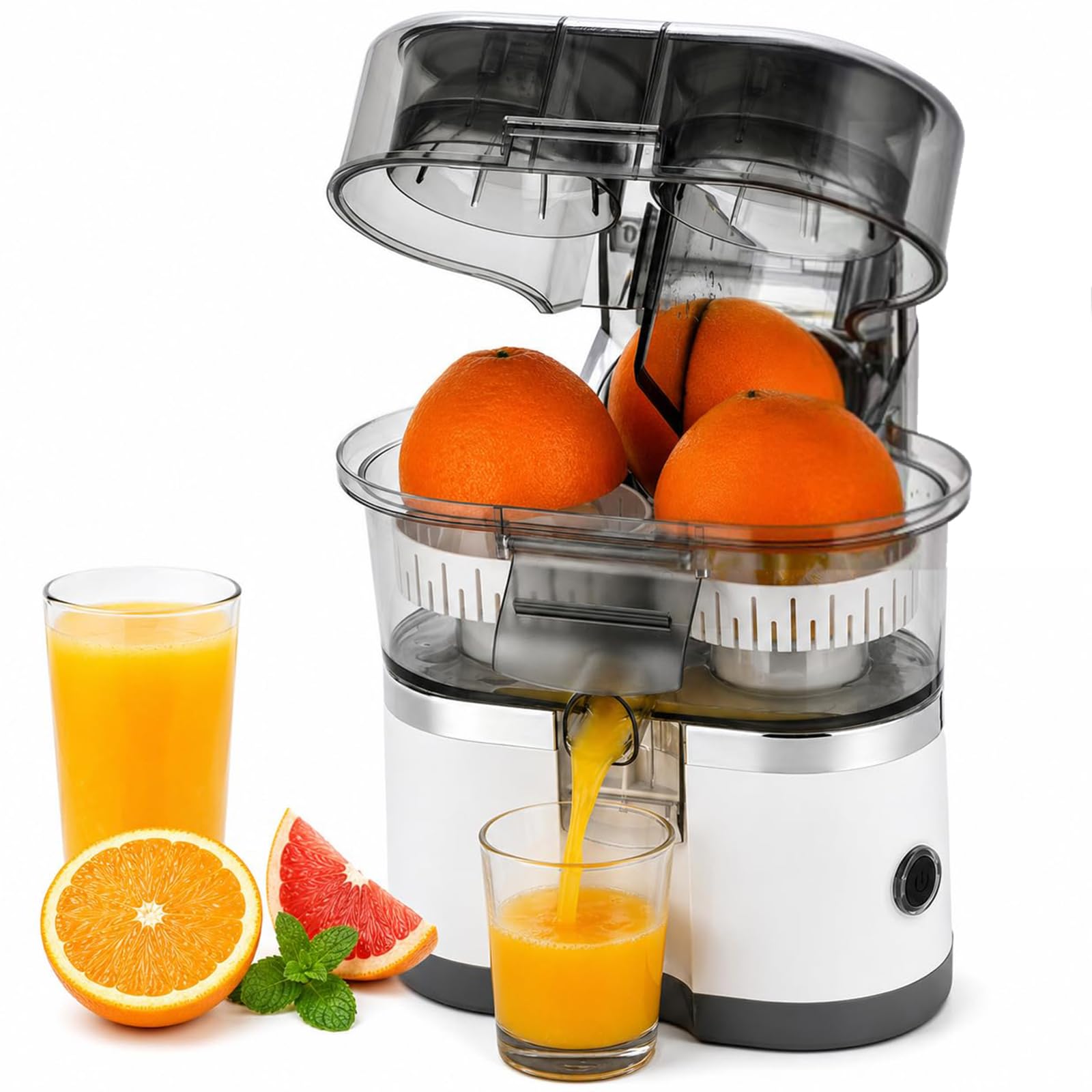 Exprimidor Eléctrico de Cítricos de Doble Cabezal, Exprimidor de Naranjas y Limones de 400ml con Motor de 18000RPM, Exprimidor Automático de 100W con Cortador de Frutas y Piezas Desmontables white