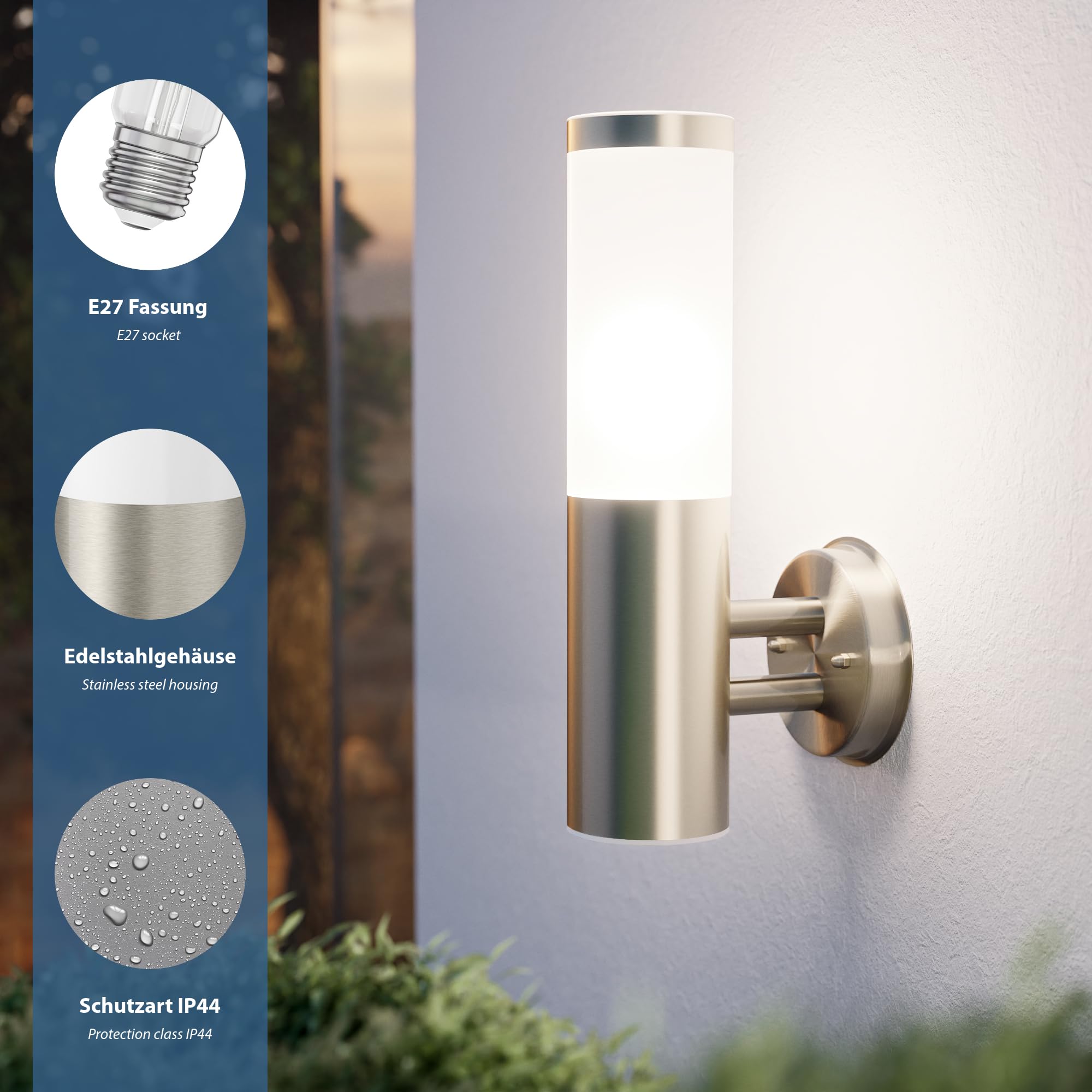 ledscom.de 2 apliques PORU para exterior, IP44, acero inoxidable, acero inoxidable mate, redondos, 1x E27 máx. 40 W