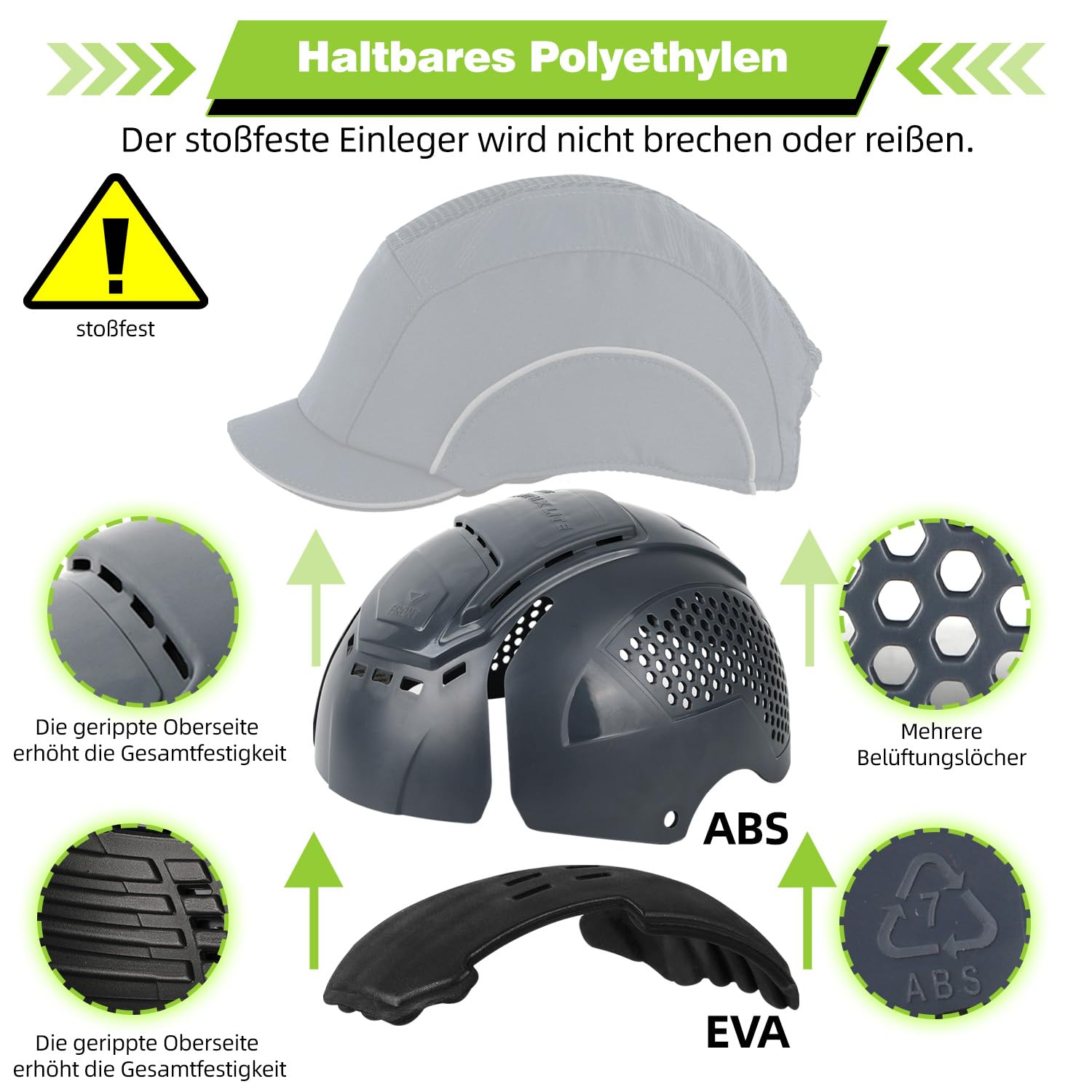GREEN DEVIL Veiligheidsbinnencap – Harde HDPE-schaal, Ademend