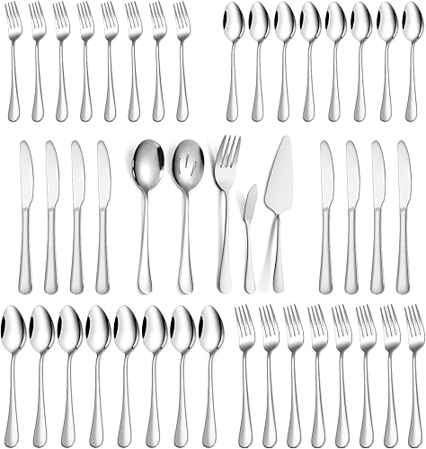 Juego de cubiertos finos de 45 piezas para 8, de acero inoxidable, resistente, con utensilios para servir, utensilios de comida pesados, cubiertos
