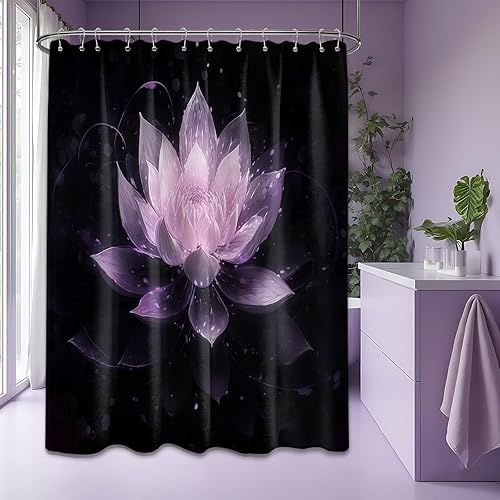 Miniatura 11 de Cortina de ducha negra y dorada con flores de loto amarillo dorado para juegos de decoración de baño, tela impermeable con ganchos, 70 x 72 pulgadas