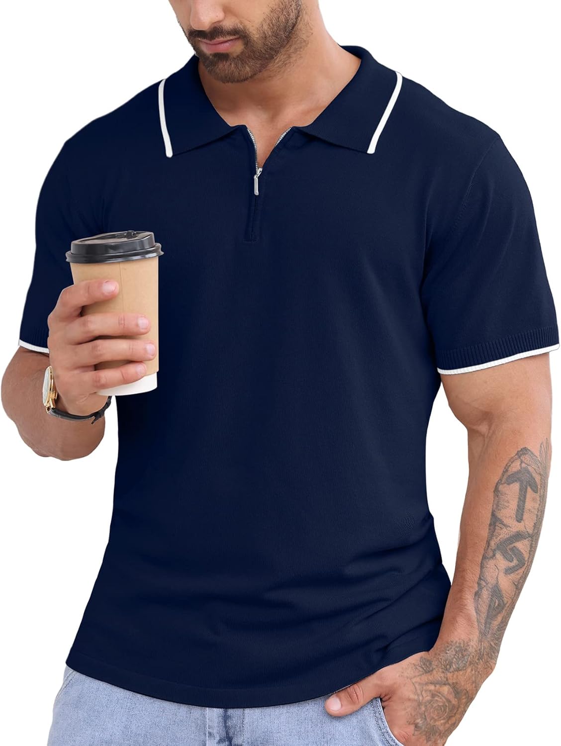 Askdeer Men's Knit Polo Shirt Zipper Short Sleeve Polo T-Shirts Classic Casual Golf Shirts - Image 6