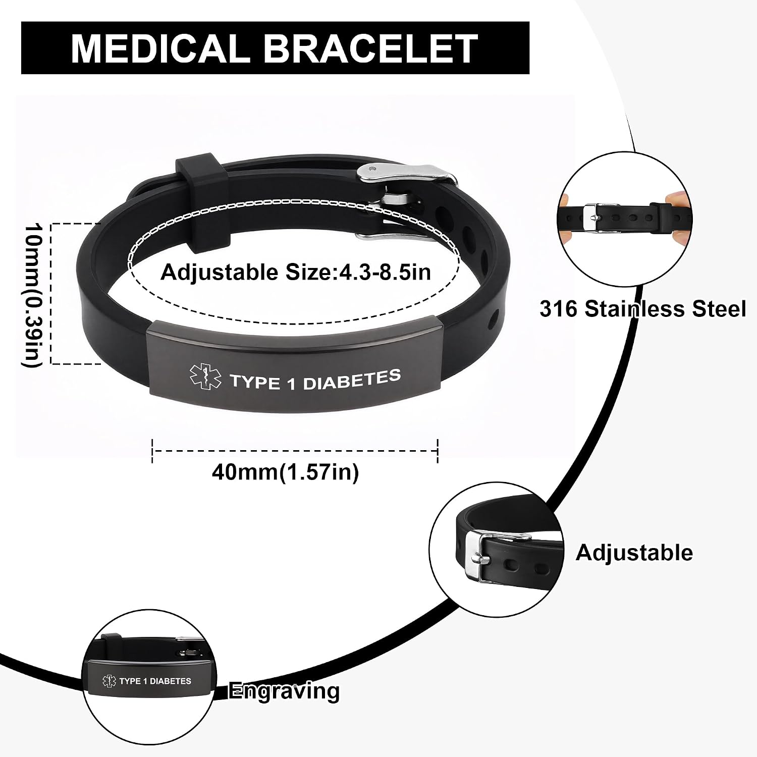 Medical Alert Bracelet for Women Men, Adjustable Medical Alert ID Silicone Wristband for Diabetic D.N.R Pacemaker Epilepsy