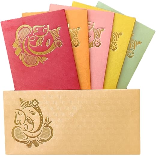 Jhintemetic® - Pack of 25 Matellic 5 Colours of 5 Each Randomly Picked Colourful Designer Shagun Lifafa/Money Gift Envelope with Golden Ganesha for Gifting Money on any occasion