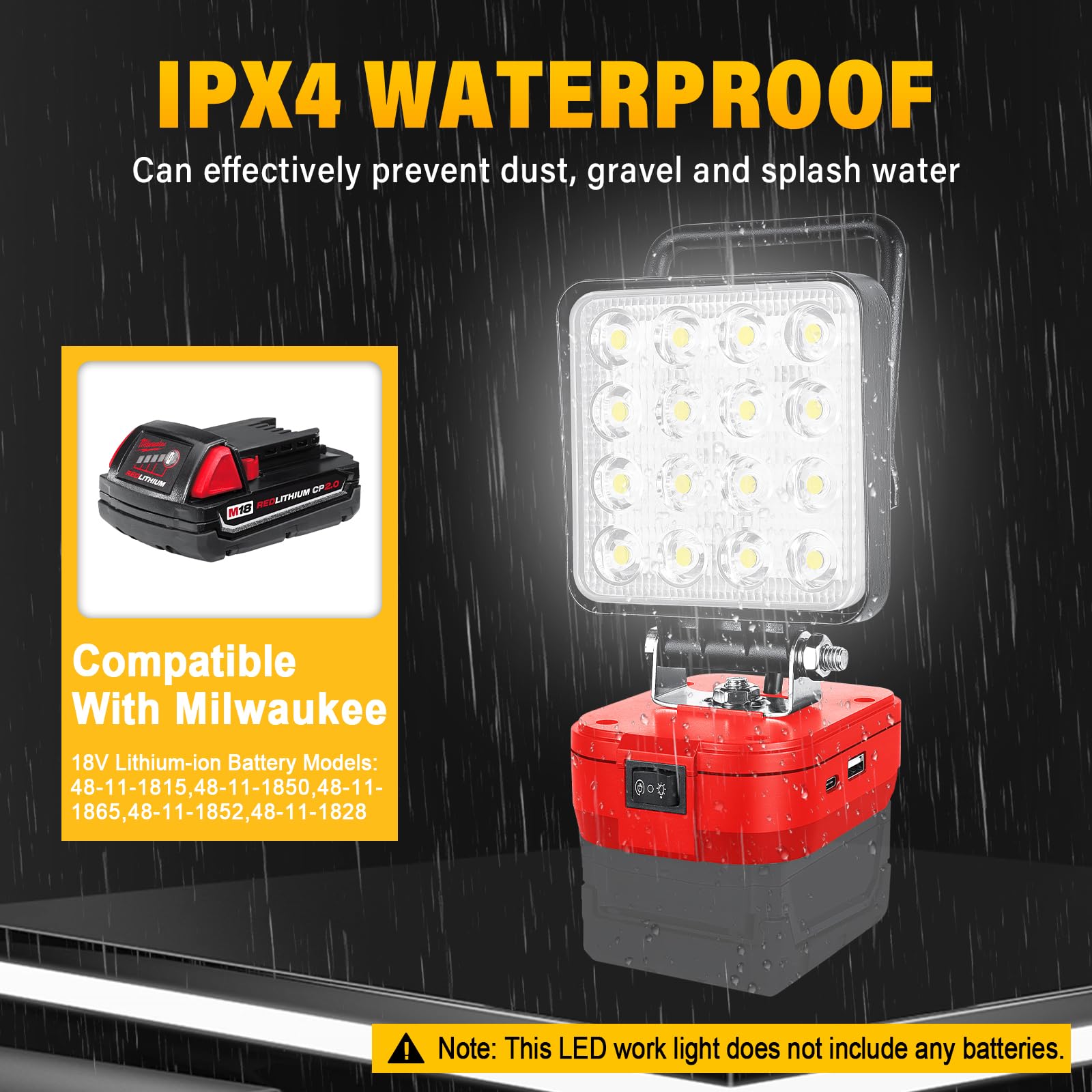 RIGIDON Recargable Portatil Foco de Trabajo Led para Batería Milwaukee M18 18V /20V (Sin Batería), 4 Pulgadas 48W 4800LM Foco Led Lámpara para Camping, Trabajo, Pesca, Emergencia, 6000K Blanca