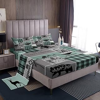 Castle Fairy Deer Antler Bear Bed Sheet Set Twin Size,Kids Animal Arrow Hunt Plaid Grid Sheet Set Room Decor,Boho Aztec Rustic Adventure Bedding Set for Boys Teens,(1 Fitted+1 Flat+1 Pillowcase)