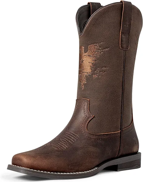 J's.o.l.e Leather Cowboy Boots for Men - Mens Square Toe Western Boot,Botas Vaqueras Para Hombre,Slip On,Wide Calf,Cowhide,Casual,Country Work,Riding,Dress,Brown Boots