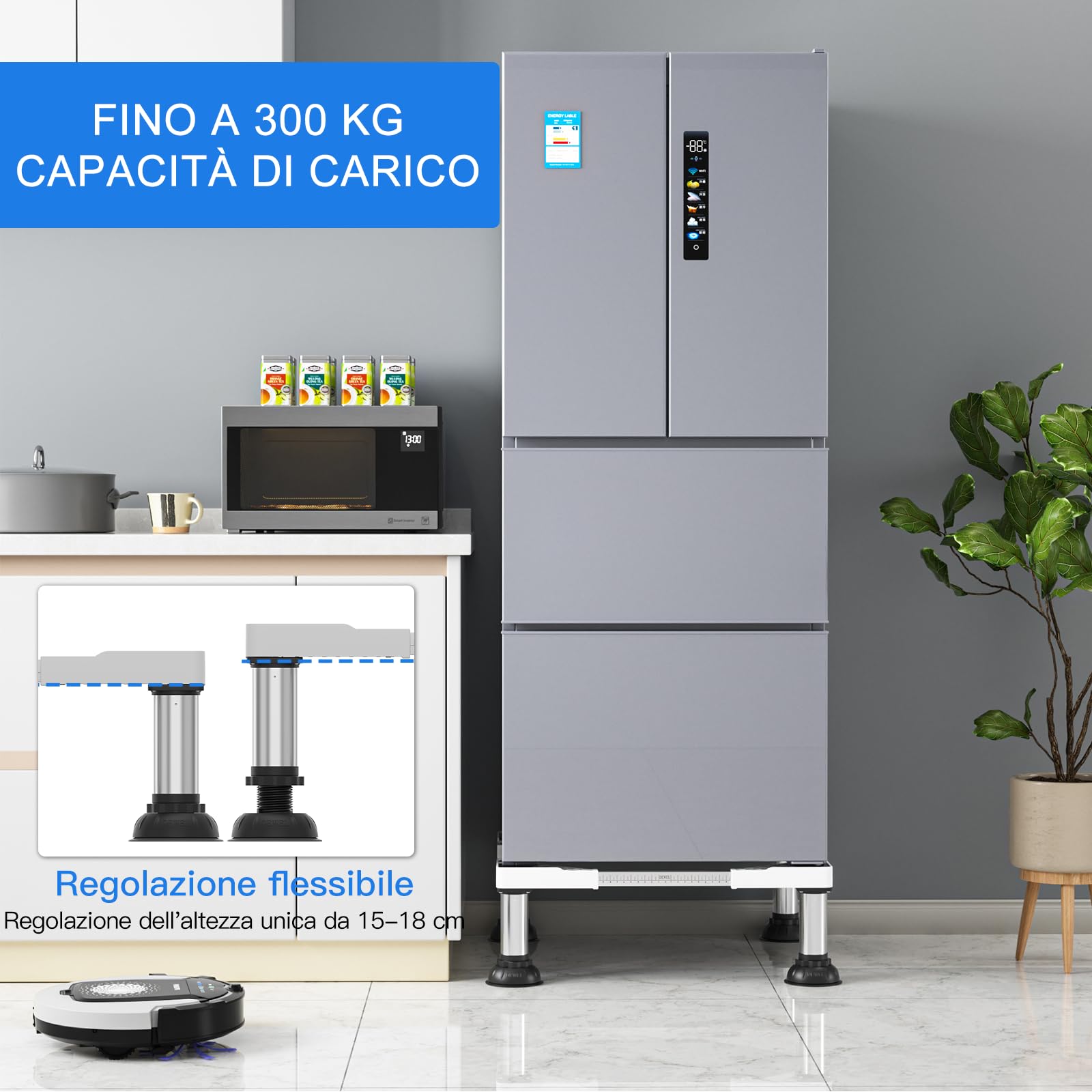 DEWEL Base per lavatrice regolabile, Telaio base per lavatrice per frigorifero, asciugatrice e congelatore, Carico massimo 300 kg, Regolabile 43-62 cm, 15-18 cm, Bianco | Base regolabile per lavatrice per asciugatrice e congelatore, carico 300 kg, larghez
