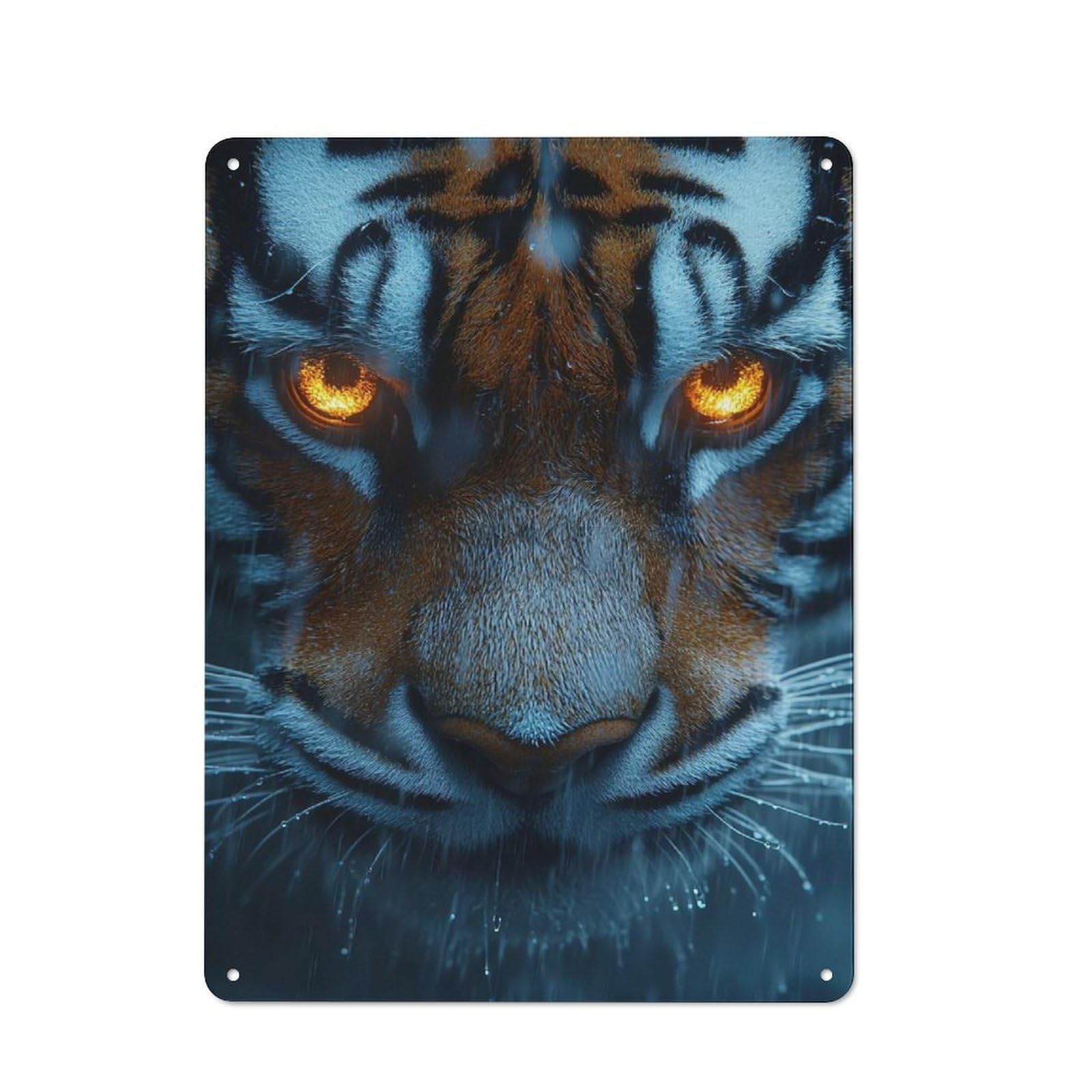 Tin Wall Plaque 40x30cm with Intense Tiger Eyes in Rain for Workshop Wall, Housewarming Wall Decor for People Furnishing Workshop