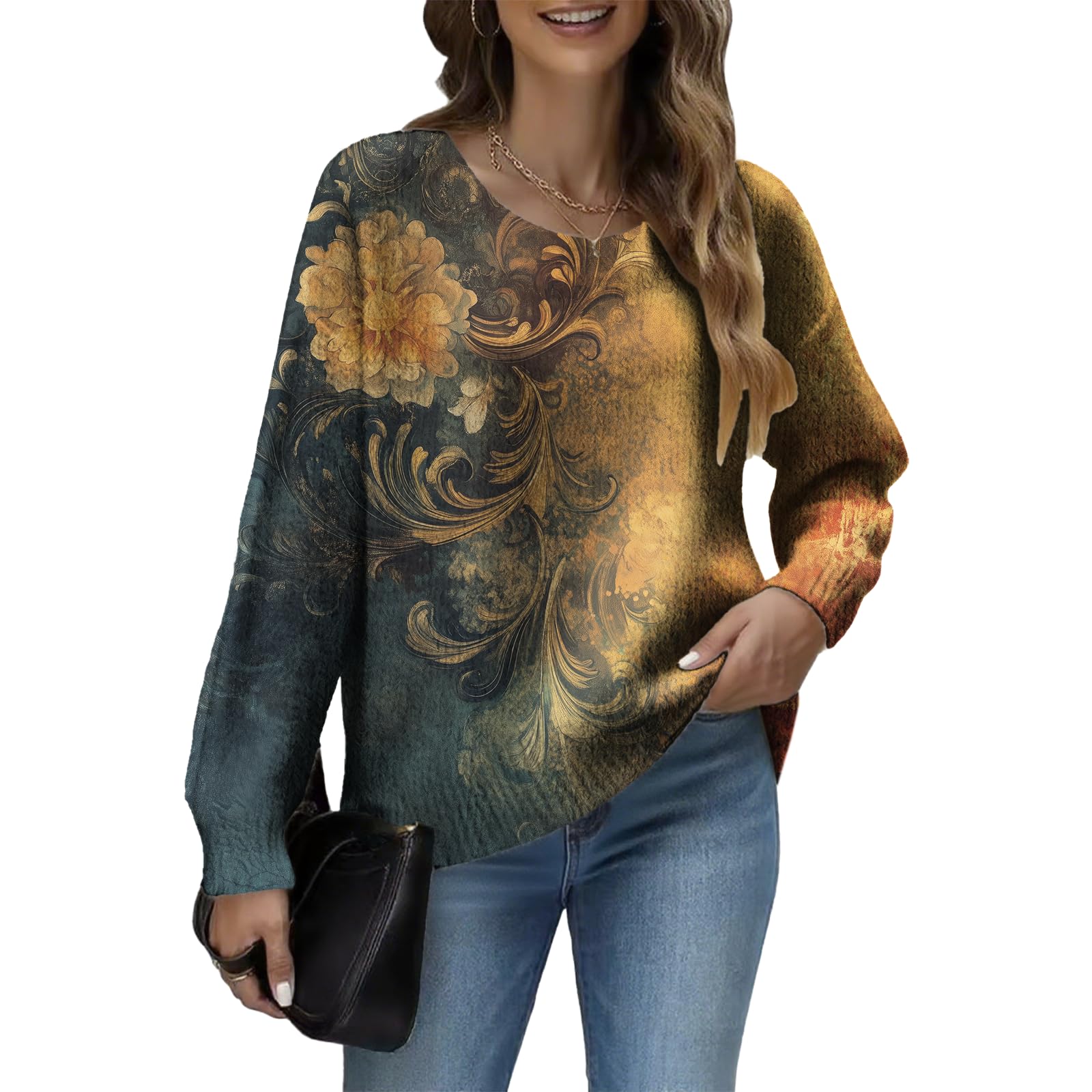 Womens Floral Print Crew Neck Sweater Long Sleeve Pull Over Sweaters Womens Casual Graphic Fall Sweaters Loose Fit