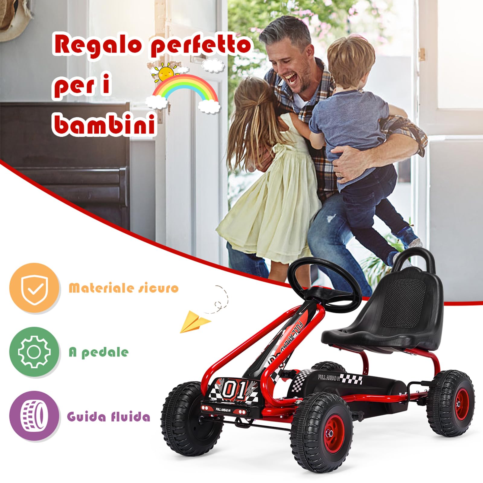 COSTWAY Go Kart a Pedali per Bambini, Veicolo con Sedile Regolabile e Freno a Mano, Portata 30 kg Rosso