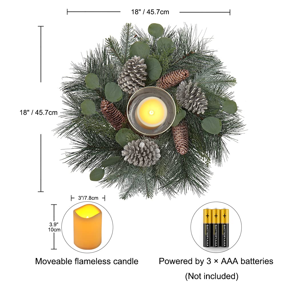 Oairse Guirnalda Corona Artificial de adviento Navidad candelero Vela de 46 cm sin Llama Desmontable decoración piña Seca Hojas de Pino