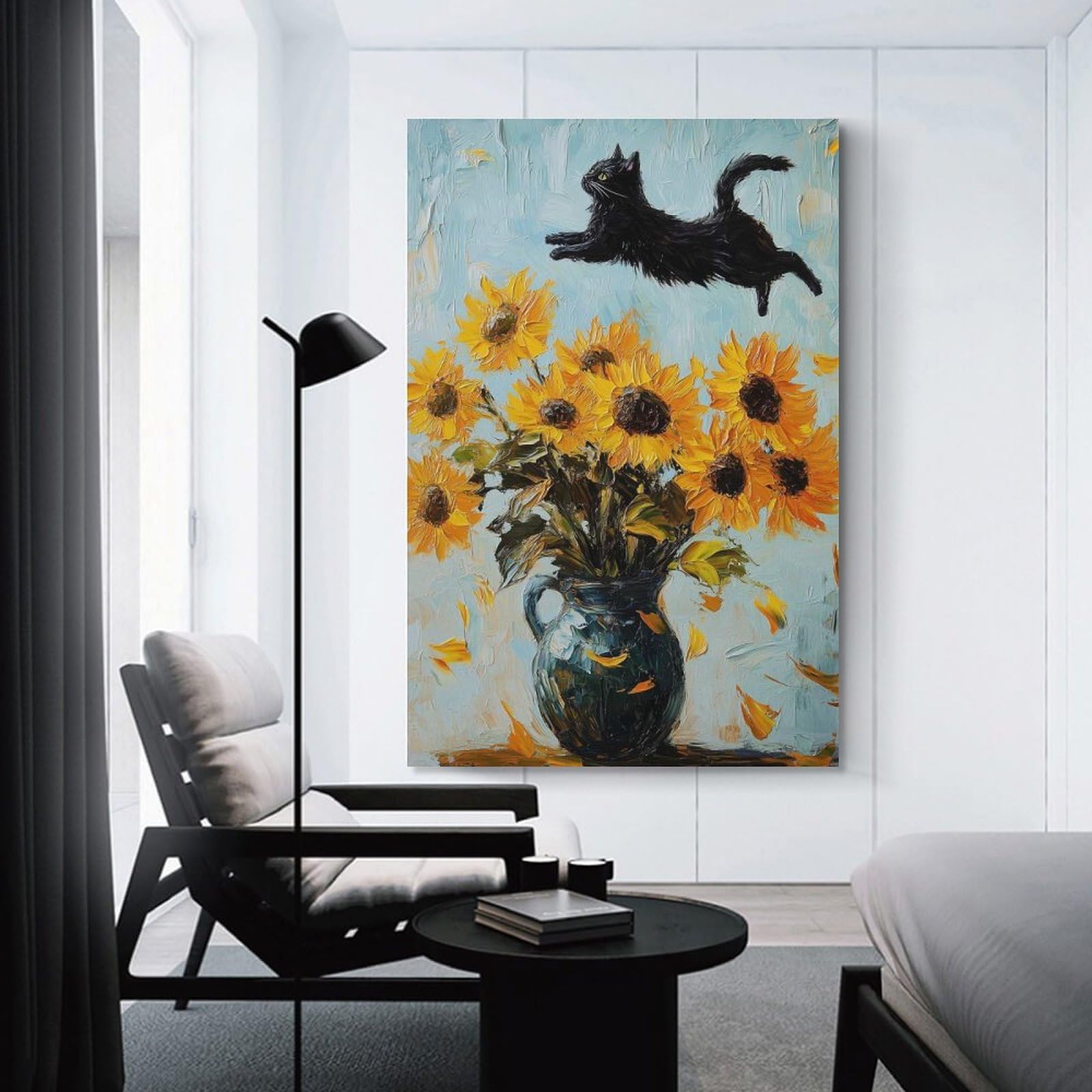 Junmoney Black Cat And Sunflowers Room Decor Wall Art 24x36inch(60x90cm), for Art Walls, Layered Displays Or Homes, Wall Decor Suited to Curated Displays