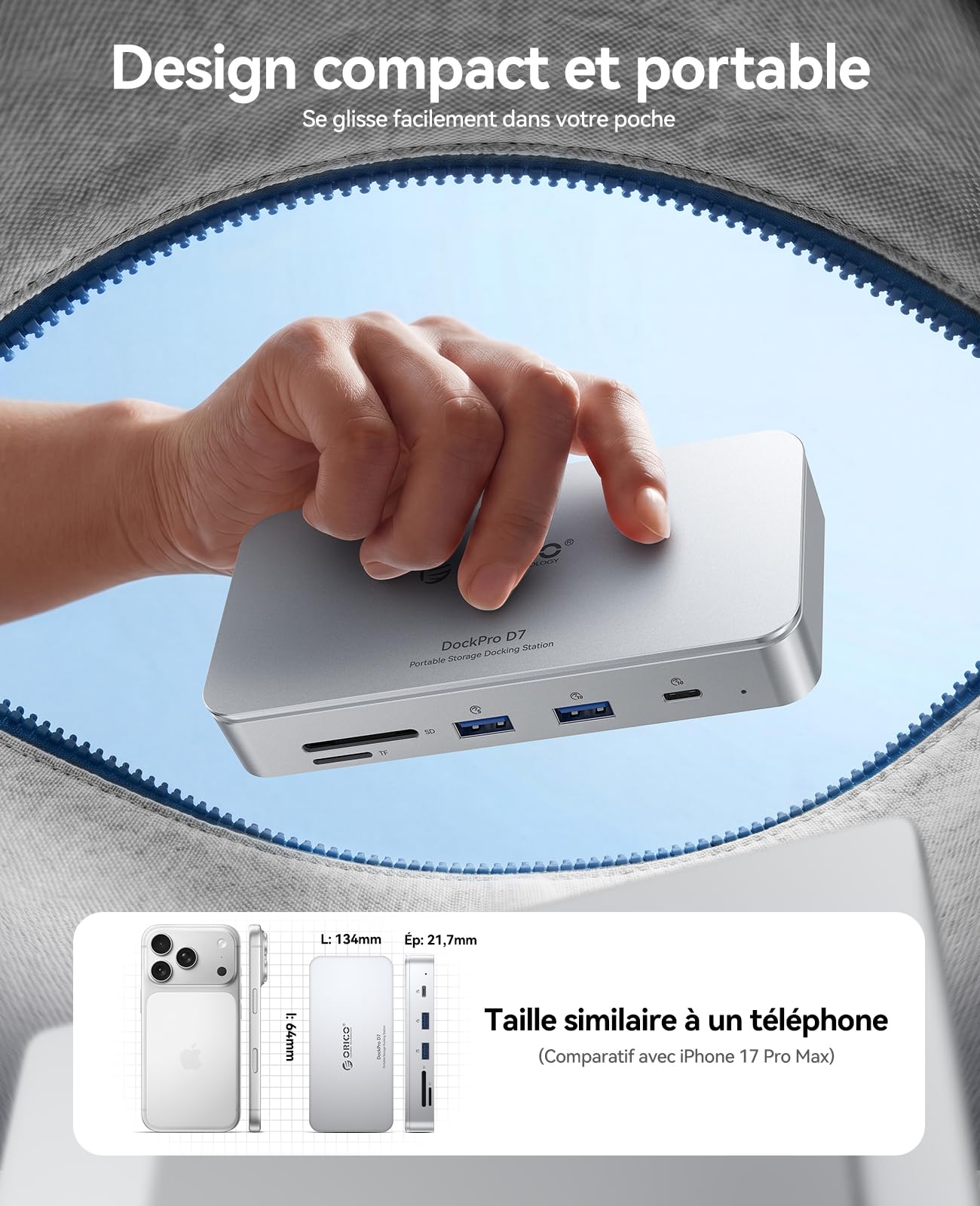 ORICO Hub USB C 7 en 1 avec boîtier SSD M.2 NVMe de 8 to, Station d'accueil avec Ports USB-C et USB-A 10 Gbit/s, 2 Ports USB-A 5 Gbit/s, 3.0 SD/TF, 100 W PD, Gigabit Ethernet, Station d'accueil