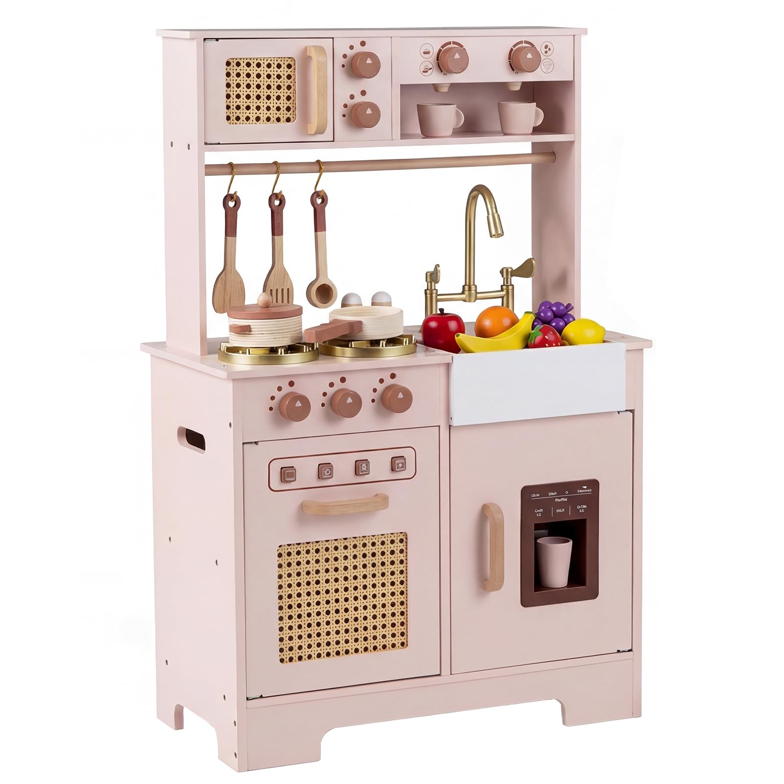 COSTWAY Kids Play Kitchen, Wooden Pretend Toy Kitchen with Realistic Lights & Sounds, Stoves, Sink, Faucet, Oven, Ice Machine, Microwave, Coffee Maker, Children Chef Role Playset for 3+ (Pink)
