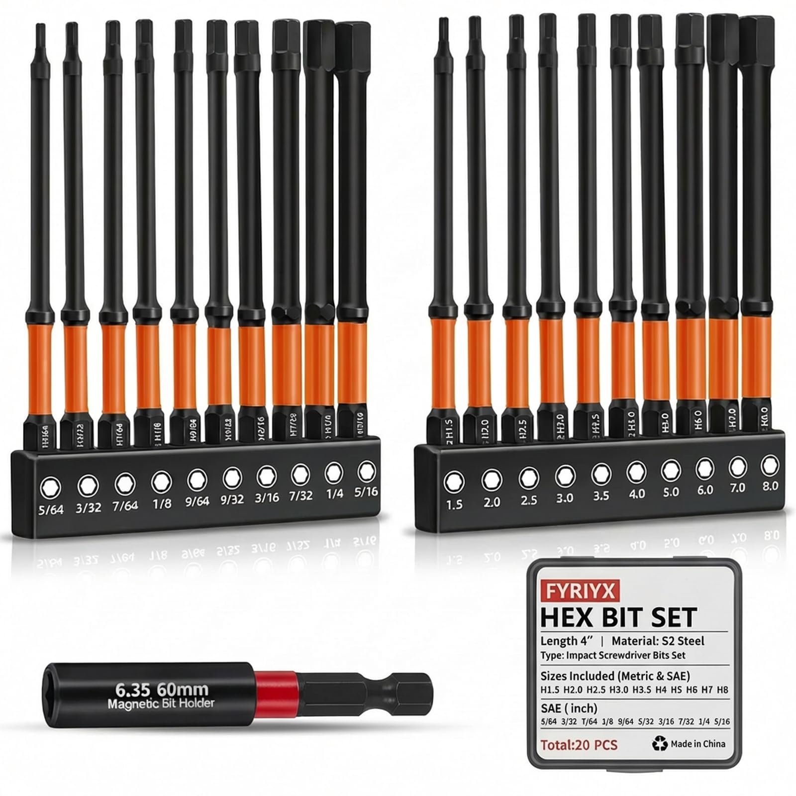 20-Piece 4" Long Hex Bit Set – Metric & SAE Allen Wrench Drill Bits with 1/4" Hex Shank, S2 Steel, CNC Machined Magnetic Tips, Extension Socket &