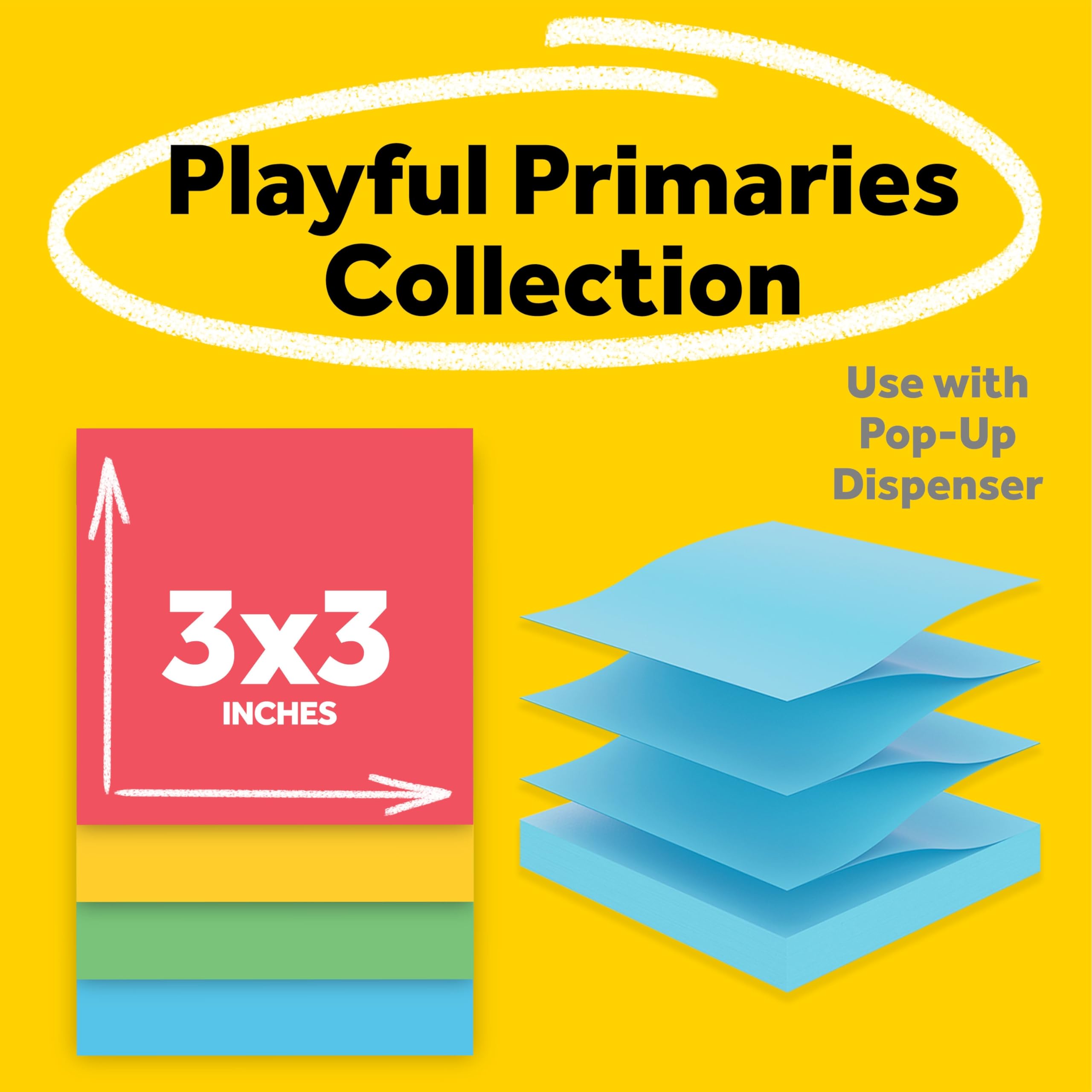 Post-it Super Sticky Dispenser Pop-Up-Notizblöcke, 18 Haftnotizblöcke, 1620 Blatt, 7,6 x 7,6 cm, 2 x Haftkraft, Schul- und Bürobedarf, Verwendung mit Post-it Notizspendern, Playful Primaries