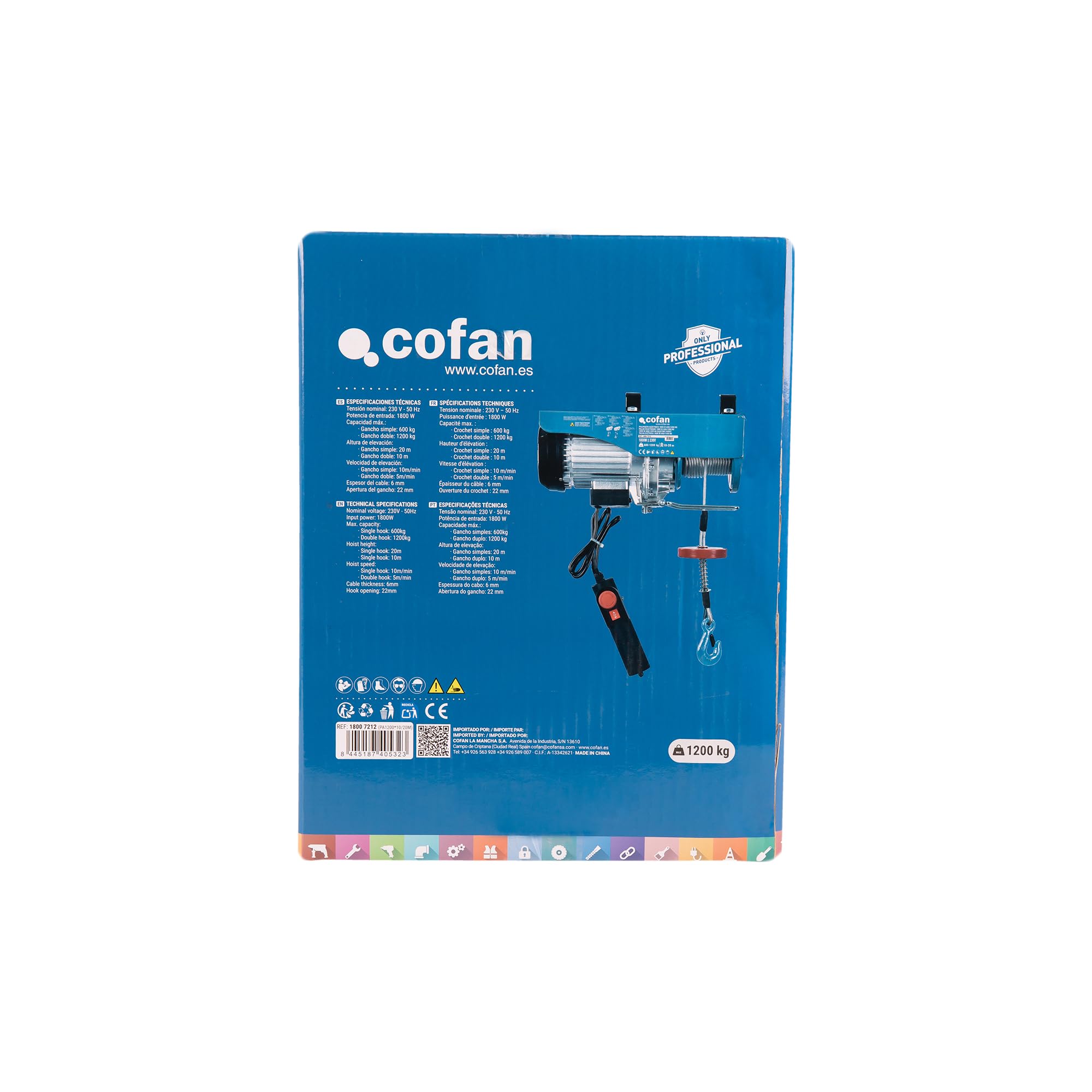 Cofan Polipasto eléctrico 1800 W | Capacidad de carga: 600/1200 kg | Altura de elevación: 10/20 m | Parada de emergencia | Incluye mando | Protección IP54
