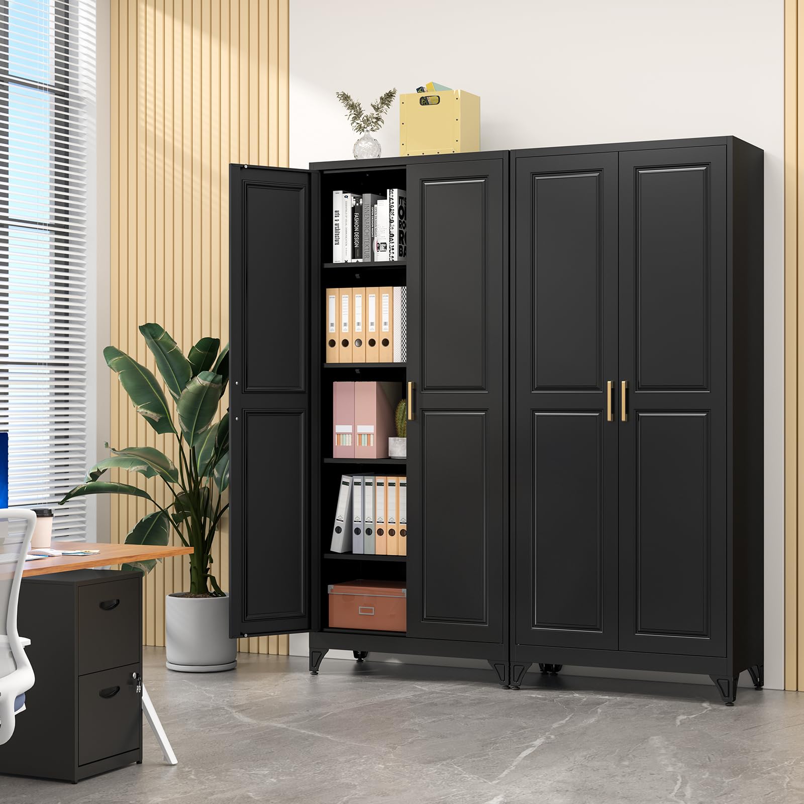 Metallschrank,190 x 80 x 40 cm Aktenschrank mit 4 verstellbaren Einlegeböden Stahlschrank Aufbewahrungsschrank mit 2 Türen Mehrzweckschrank für Schule Haus Büro Garage Schwarz