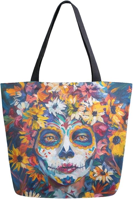 Womens Extra Large Canvas Shoulder Grocery Tote Bag, Sugar Skull Face Flowers Day Of Dead Durable Daily Handle Bag for Gym Yoga Weekender Picnic Beach Travel Kitchen Reusable Market Shopping