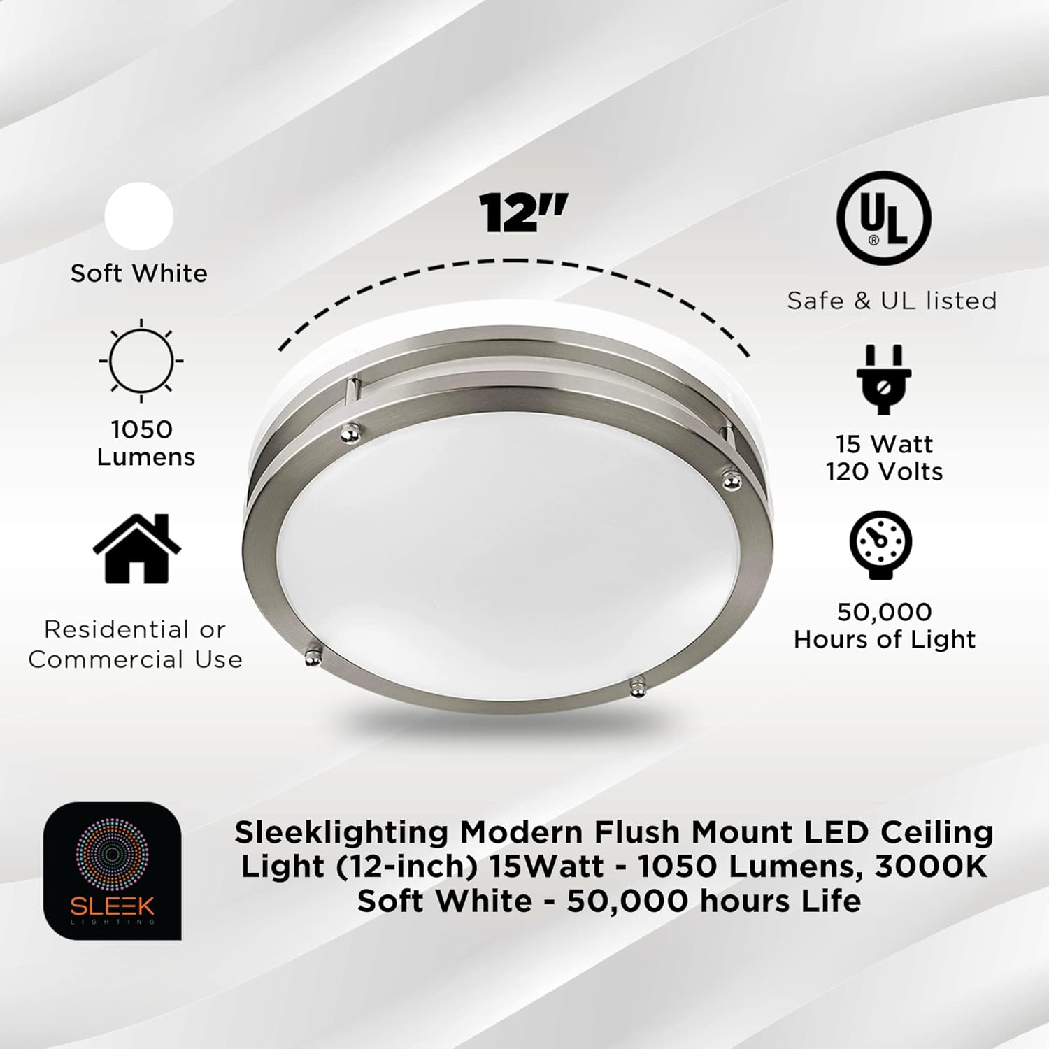 Sleeklighting Modern Flush Mount LED Ceiling Light (12” inch) 15Watt - 1050 Lumens, 3000K Soft White - 50,000 hours Life - Easy to Install - 80% more efficient, Dimmable, UL, ENERGY STAR