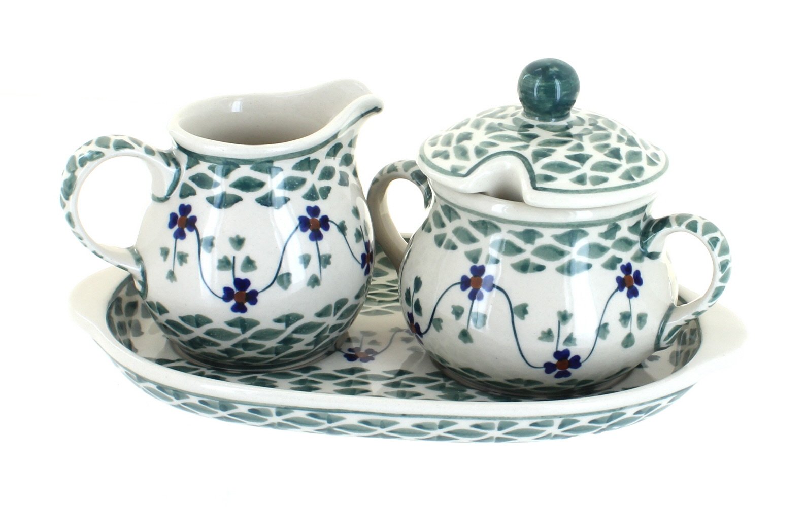 Blue Rose Polish Pottery Sage Floral Sugar & Creamer with Tray