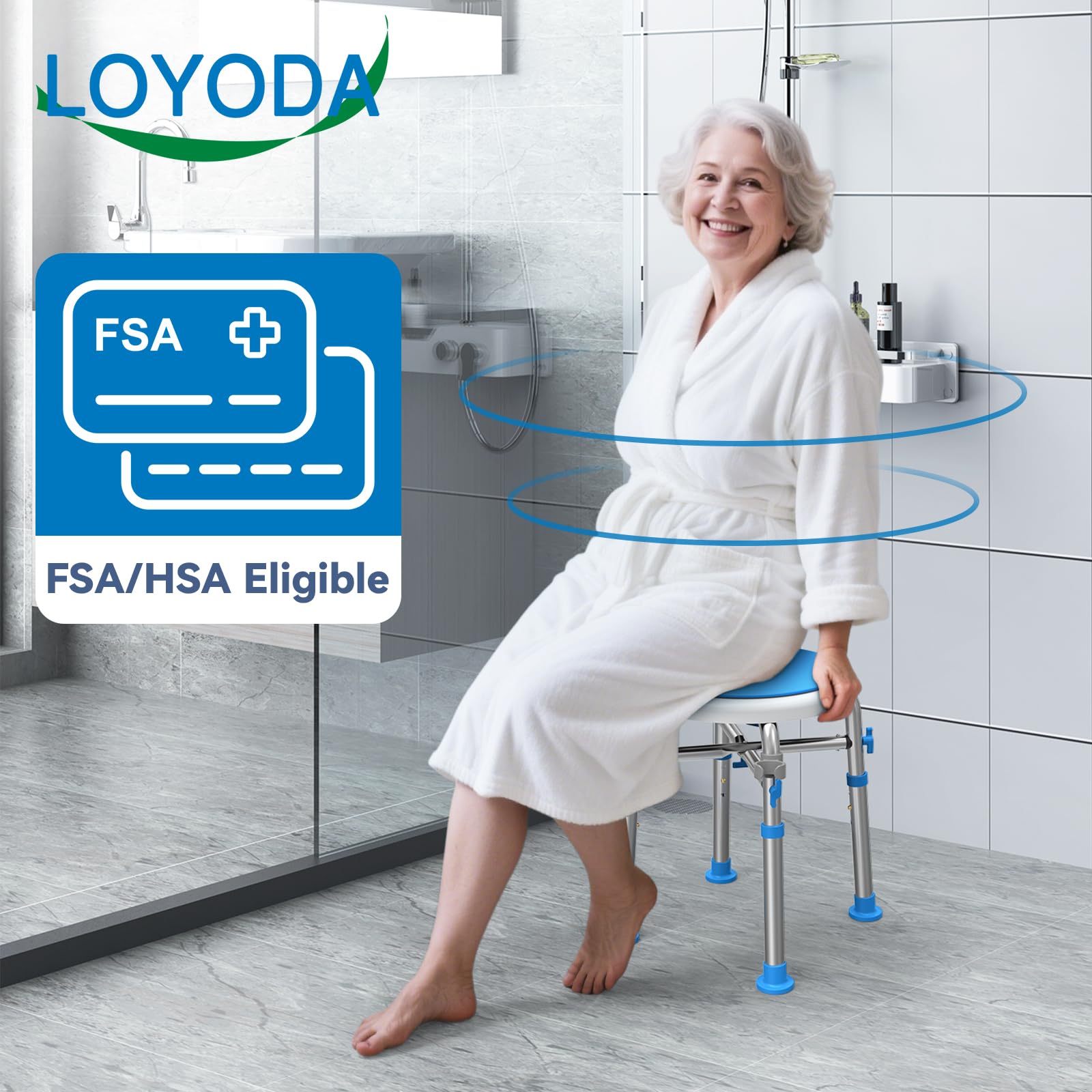 FSA/HSA Taburete de ducha giratorio elegible con barra cruzada reforzada, silla de ducha redonda ajustable en altura para ducha interior, asientos de ducha de montaje sin herramientas para 2