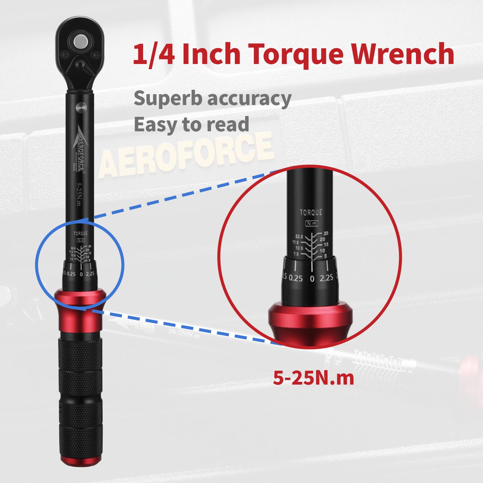 AEROFORCE Chiave dinamometrica 1/4" con inversione direzionale doppia a 72 denti (5-25 NM)
