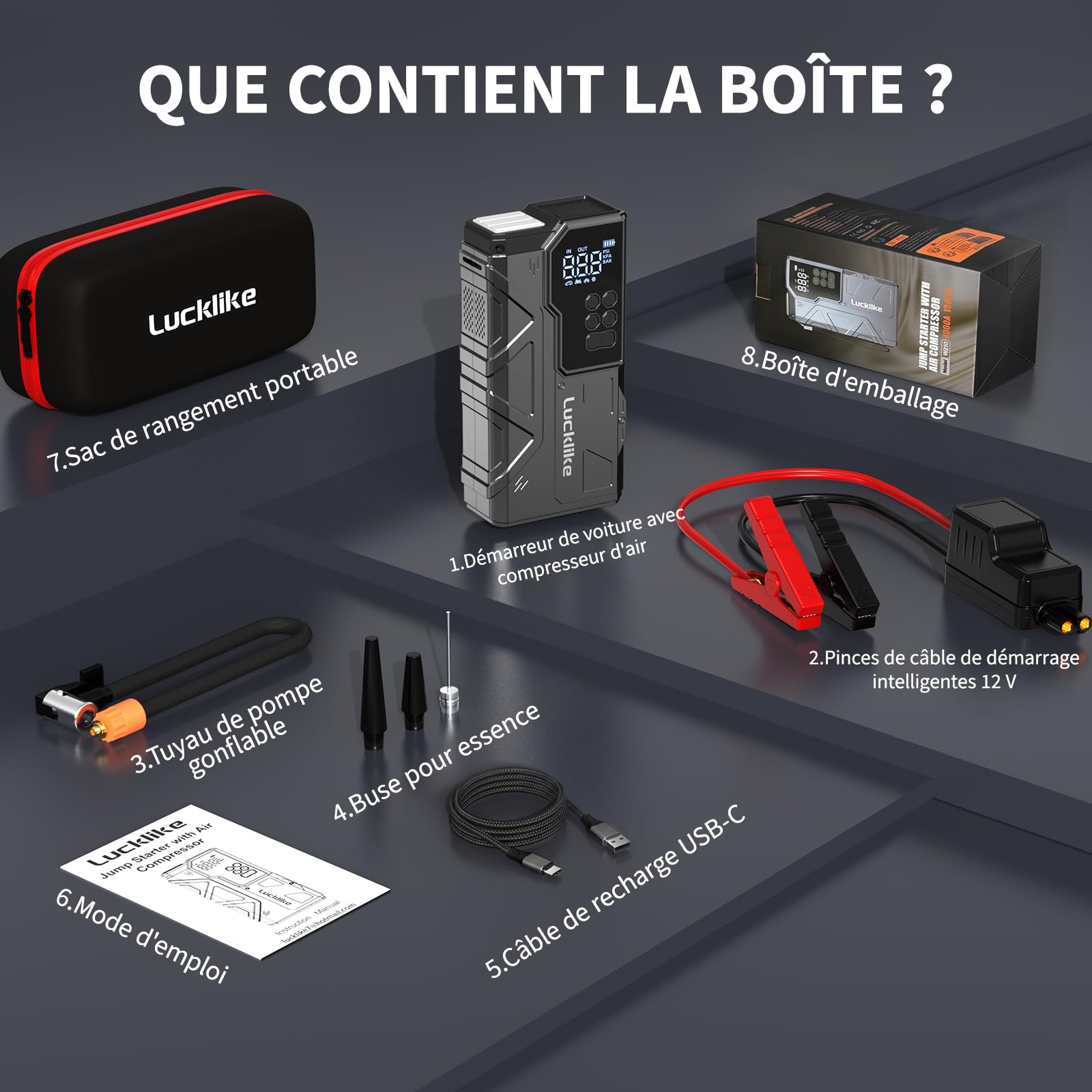 LUCKLIKE W210 Booster Batterie Voiture avec Compresseur, Démarreur Batterie Voiture, 150PSI Gonfleur, 12V Jump Starter Tout Gaz ou 10L Diesel, Écran LCD, Eclairage de Secours, Banque d'alimentation