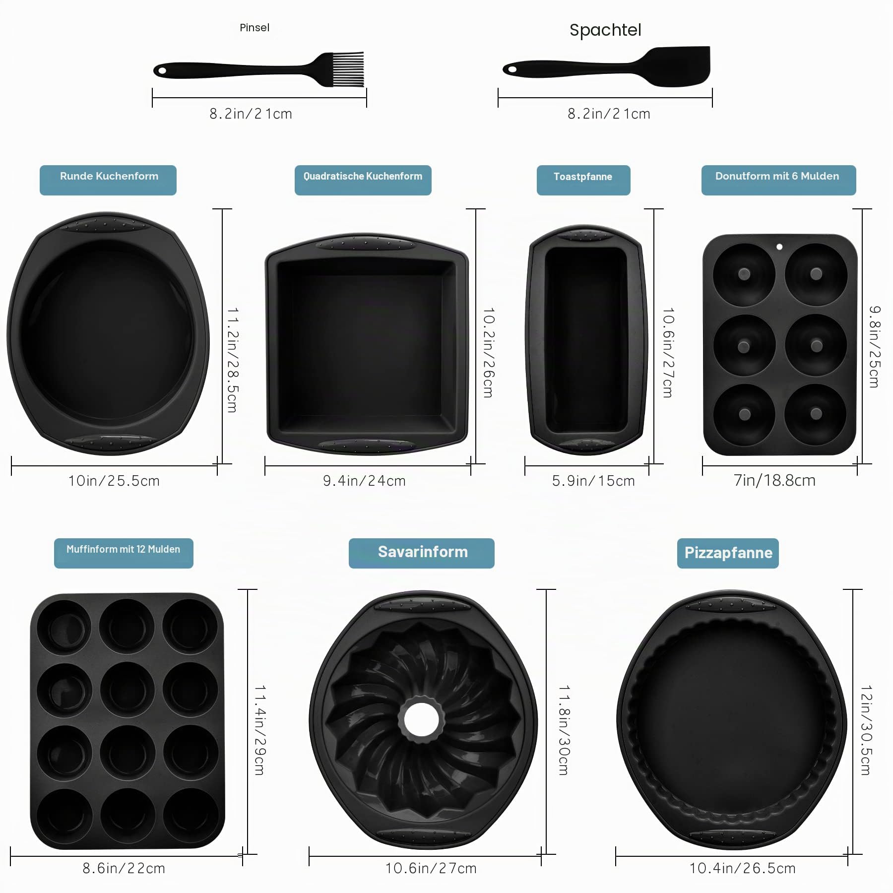9-in-1 Antihaft-Silikon-Backform, geriffelte Kuchenform, Keksblech, Backformen, hitzebeständig, Backformen-Set für Muffins, Kastenform, Brot, Pizza, Cupcakes, Utensilien