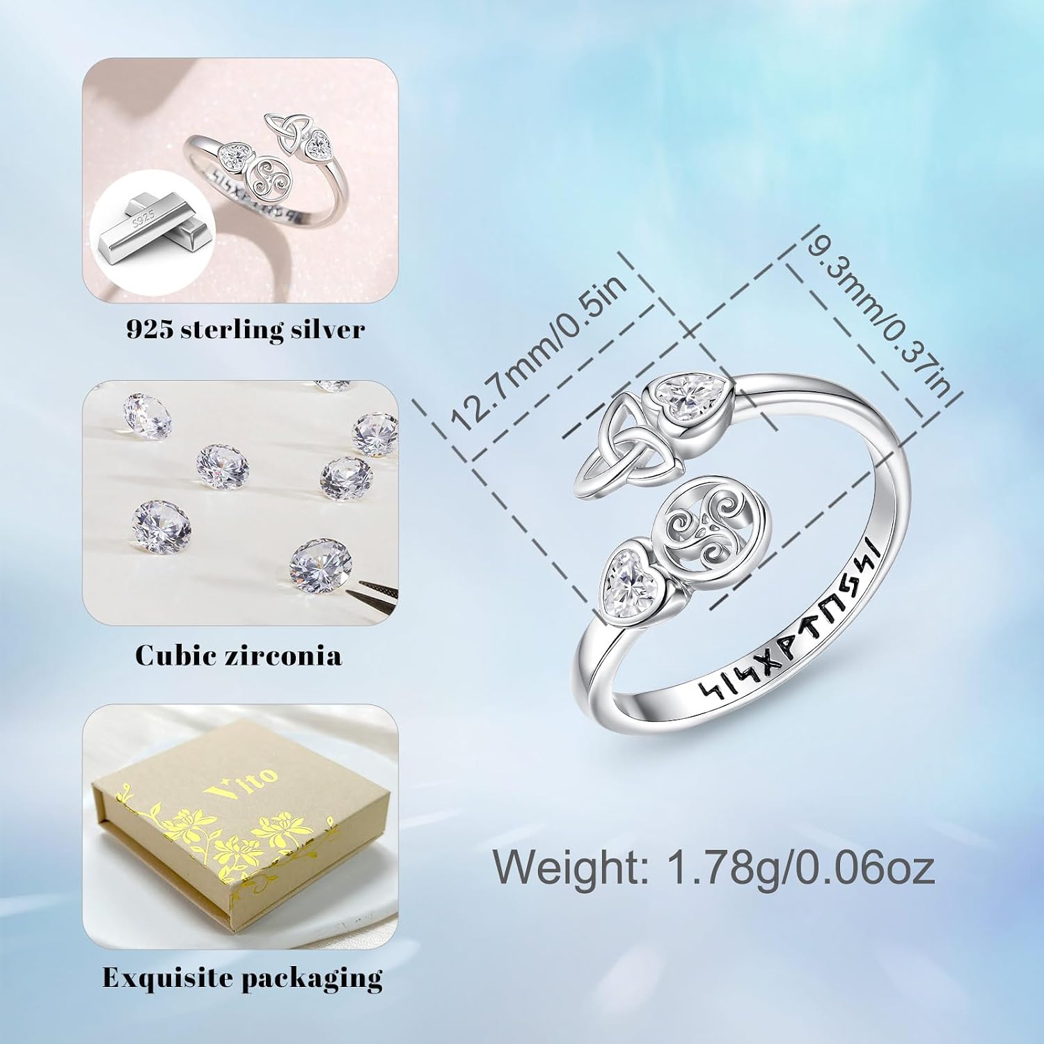 Vito 925 Sterling Silver Adjustable Open Ring for Women, Lotus Sunflower Snake Spoon Band Rings Feather Witches Knot Jewelry Gift for Wife